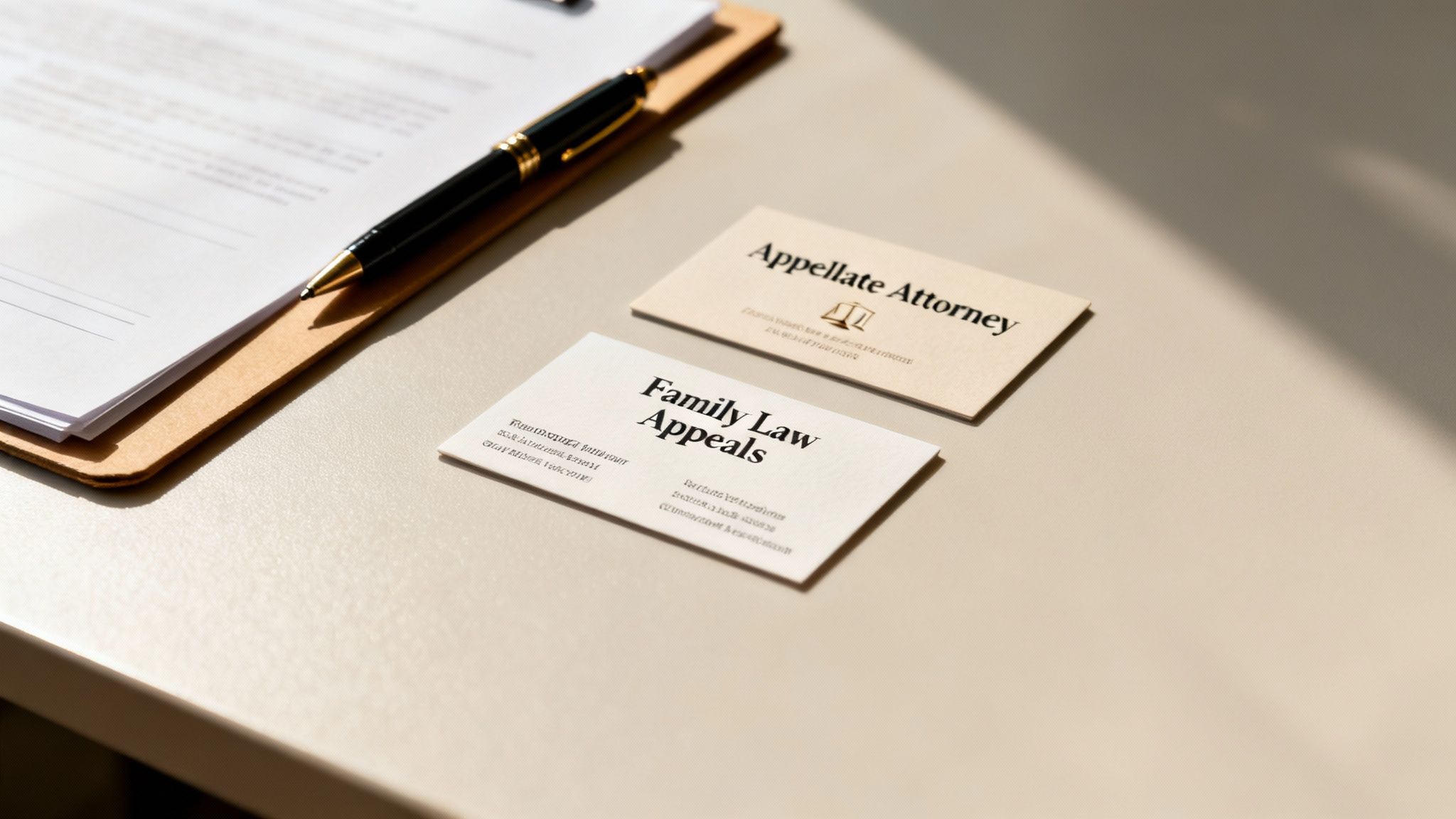 Close-up of a pen on a clipboard next to business cards for appellate and family law attorneys.
