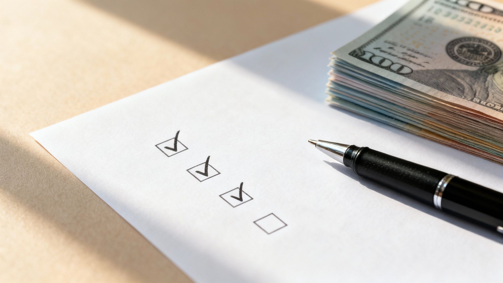 Checklist with ticked boxes, a pen, and a stack of hundred-dollar bills on a light desk.