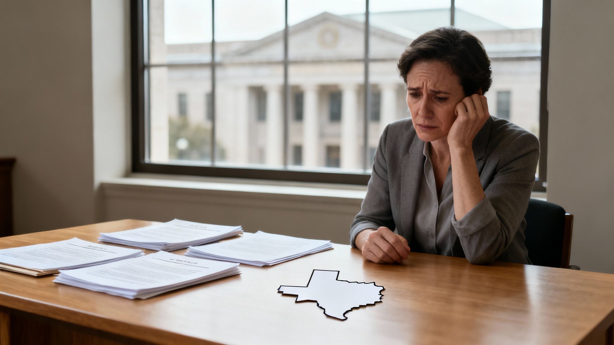 A distressed woman in a suit sits at a desk with legal papers and a Texas cutout, overlooking a courthouse.