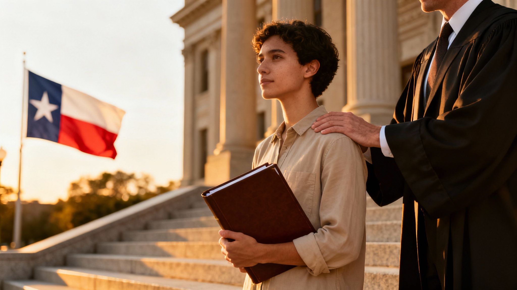 A young man holding a book stands with a robed mentor outside a courthouse with the Texas flag.