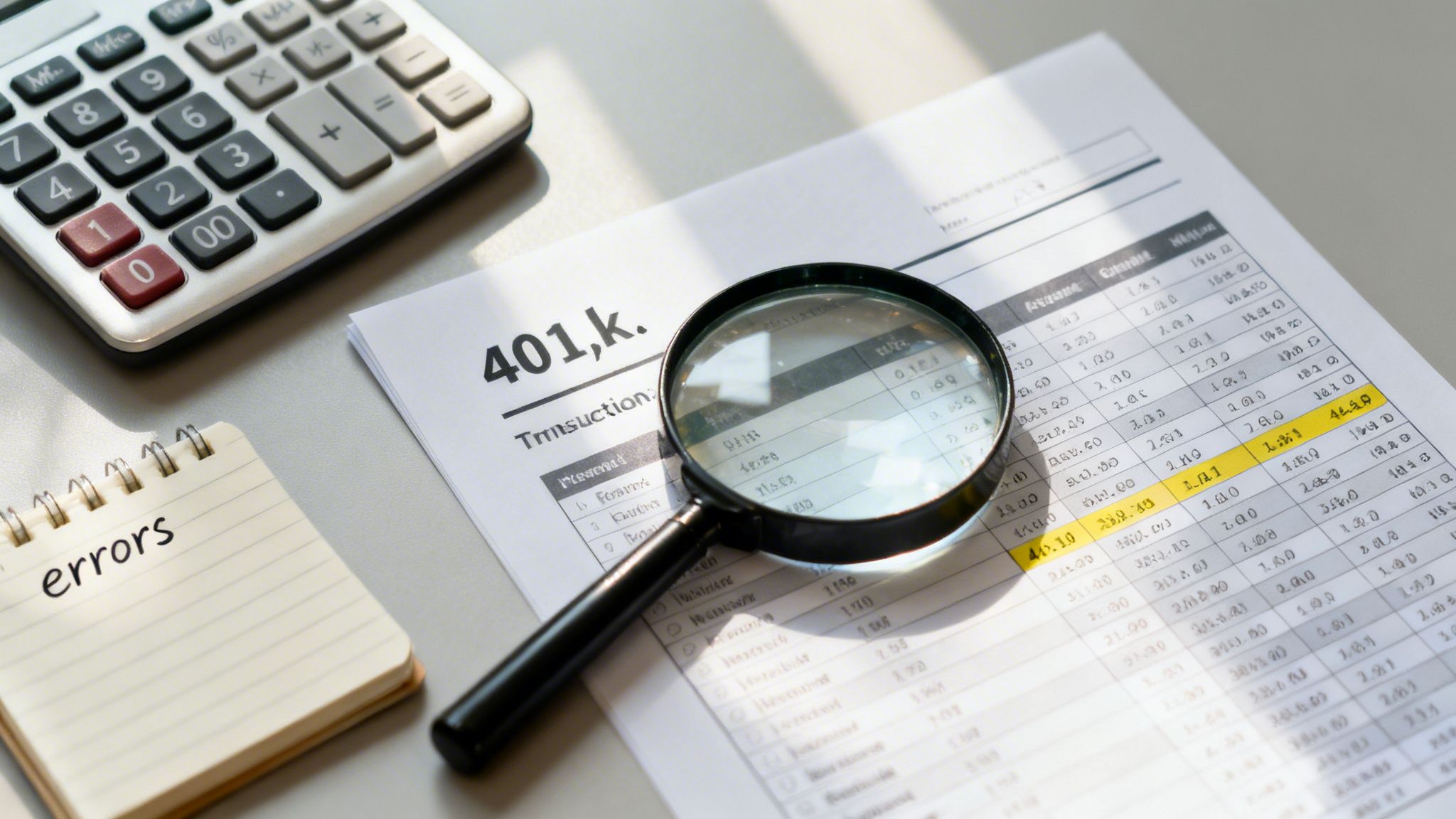 Magnifying glass on a 401k statement, calculator, and an 'errors' notepad, suggesting a financial review.