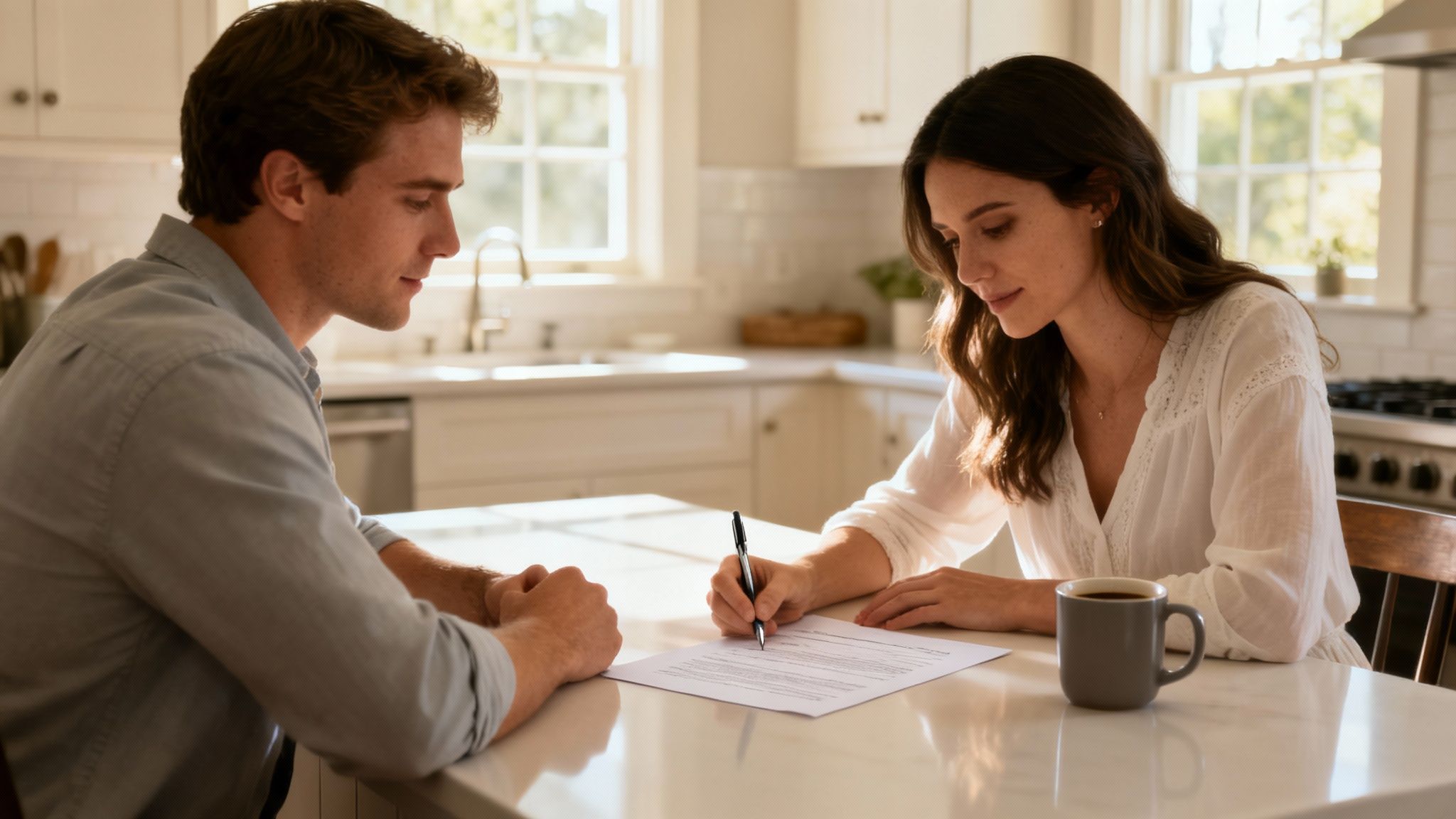 Couple discussing and signing a prenuptial agreement at a kitchen table, with a coffee cup nearby, emphasizing financial planning before marriage in Kingwood, Texas.