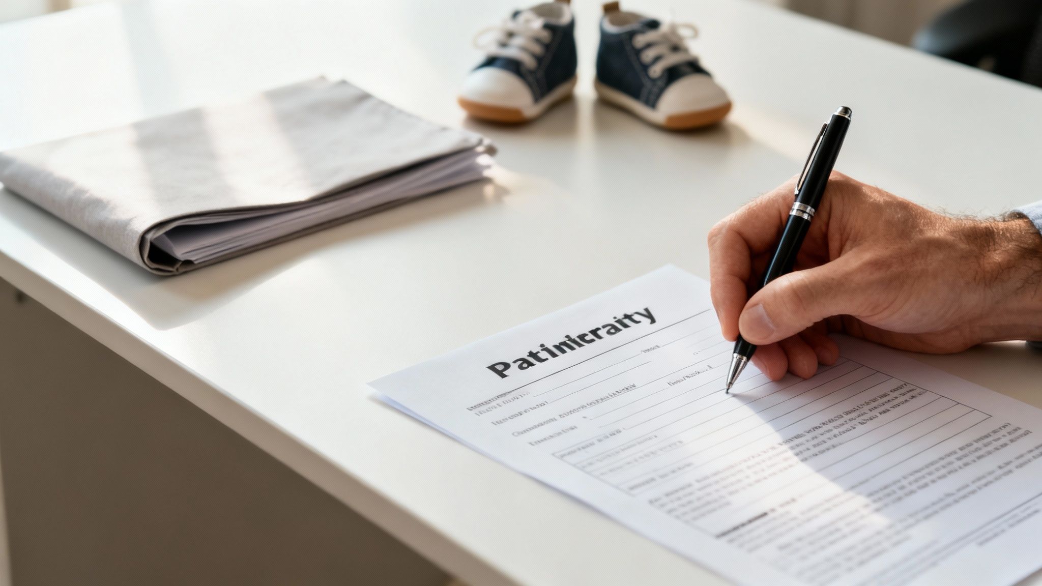 A man's hand is signing a document resembling a paternity agreement, with baby shoes nearby.