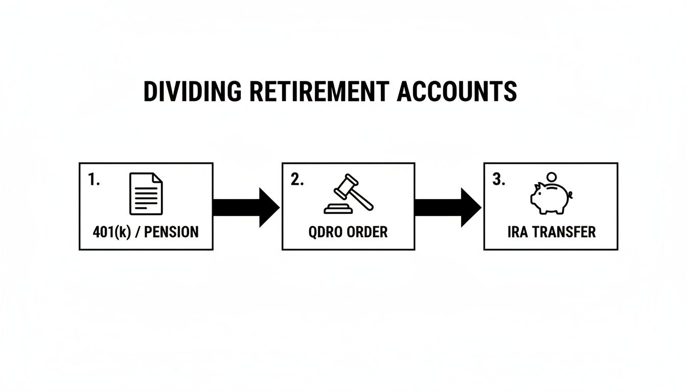A flowchart showing the steps for dividing retirement accounts: 401k/Pension, QDRO Order, and IRA Transfer.