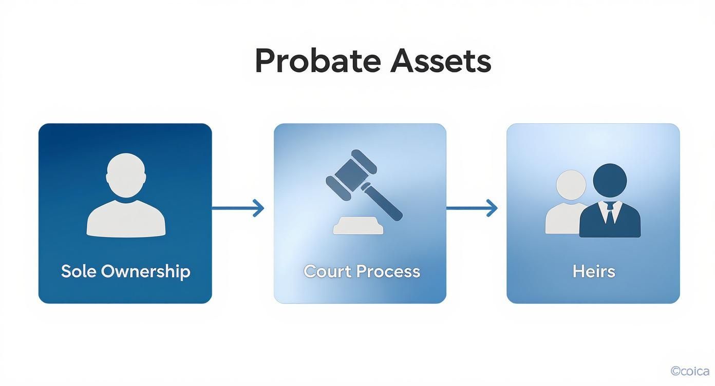 Probate assets process flowchart showing sole ownership through court process to heirs distribution
