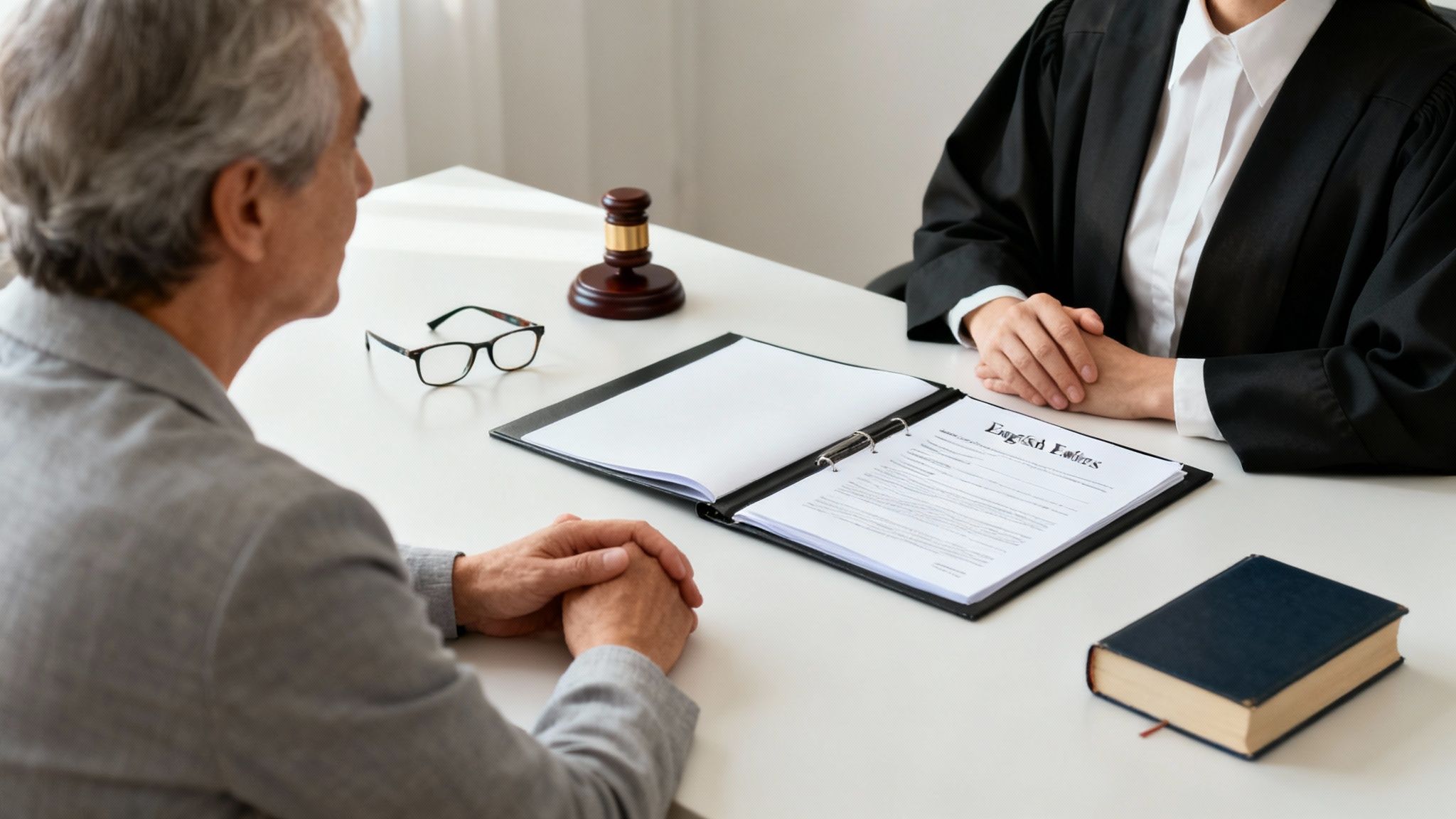 An older man consults with a legal professional at a table with documents and a gavel.
