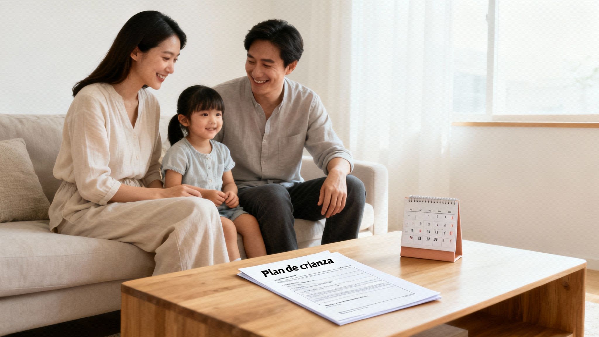 Padres asiáticos e hija pequeña en un sofá, con un 'Plan de crianza' y un calendario.