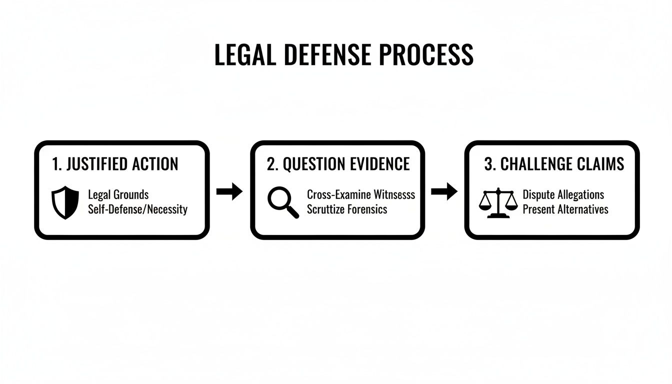 Flowchart illustrating the three-step legal defense process: justified action, question evidence, and challenge claims.