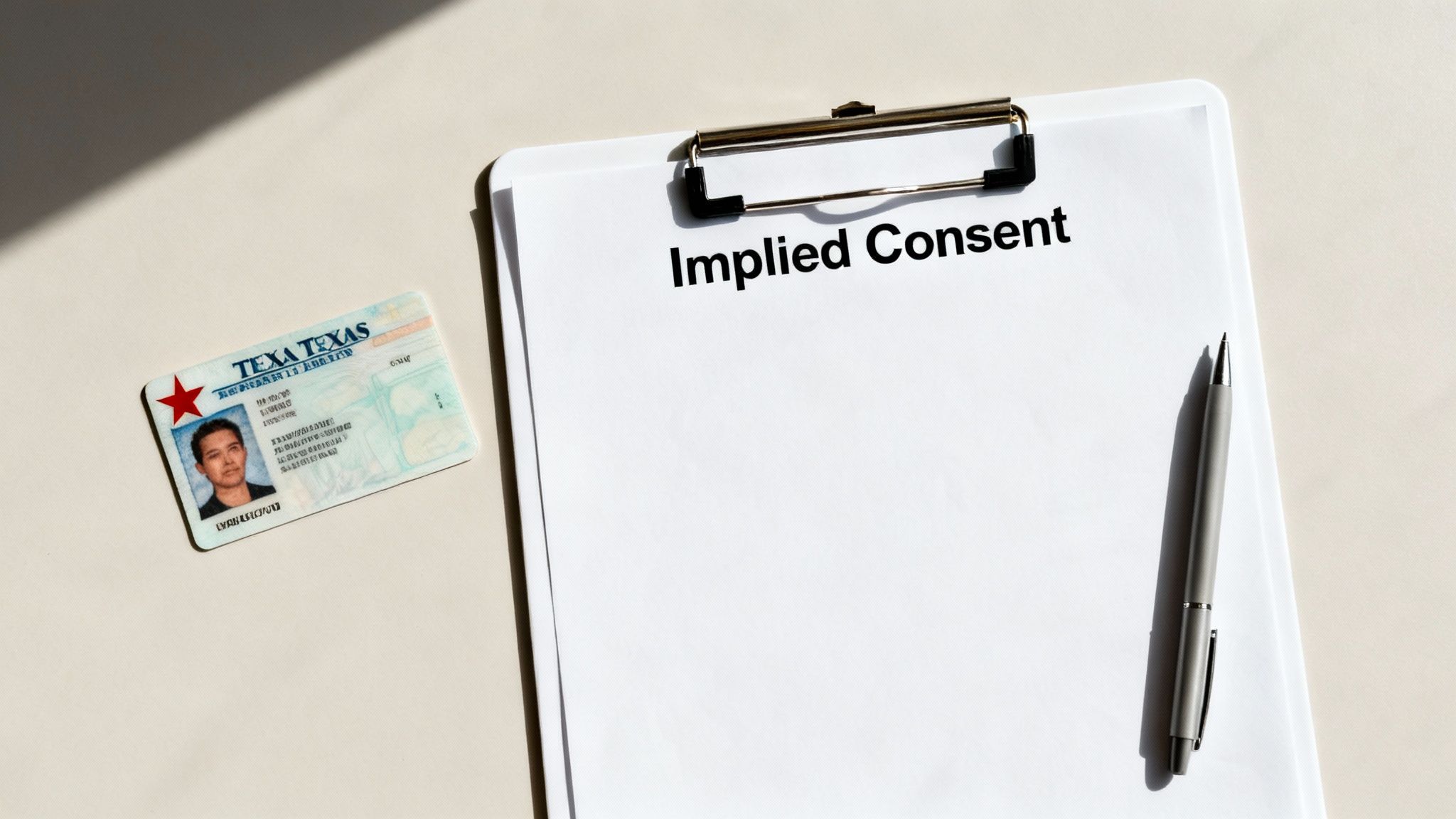 A Texas driver's license rests beside a clipboard with a document titled 'Implied Consent' and a pen.