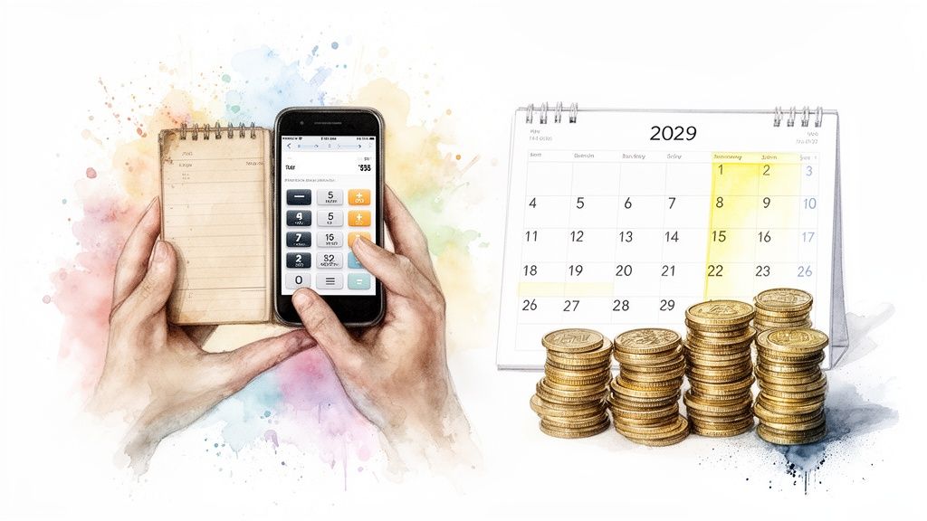 Visual of financial planning with hands using a calculator app on a phone, a 2029 calendar, and stacks of gold coins.
