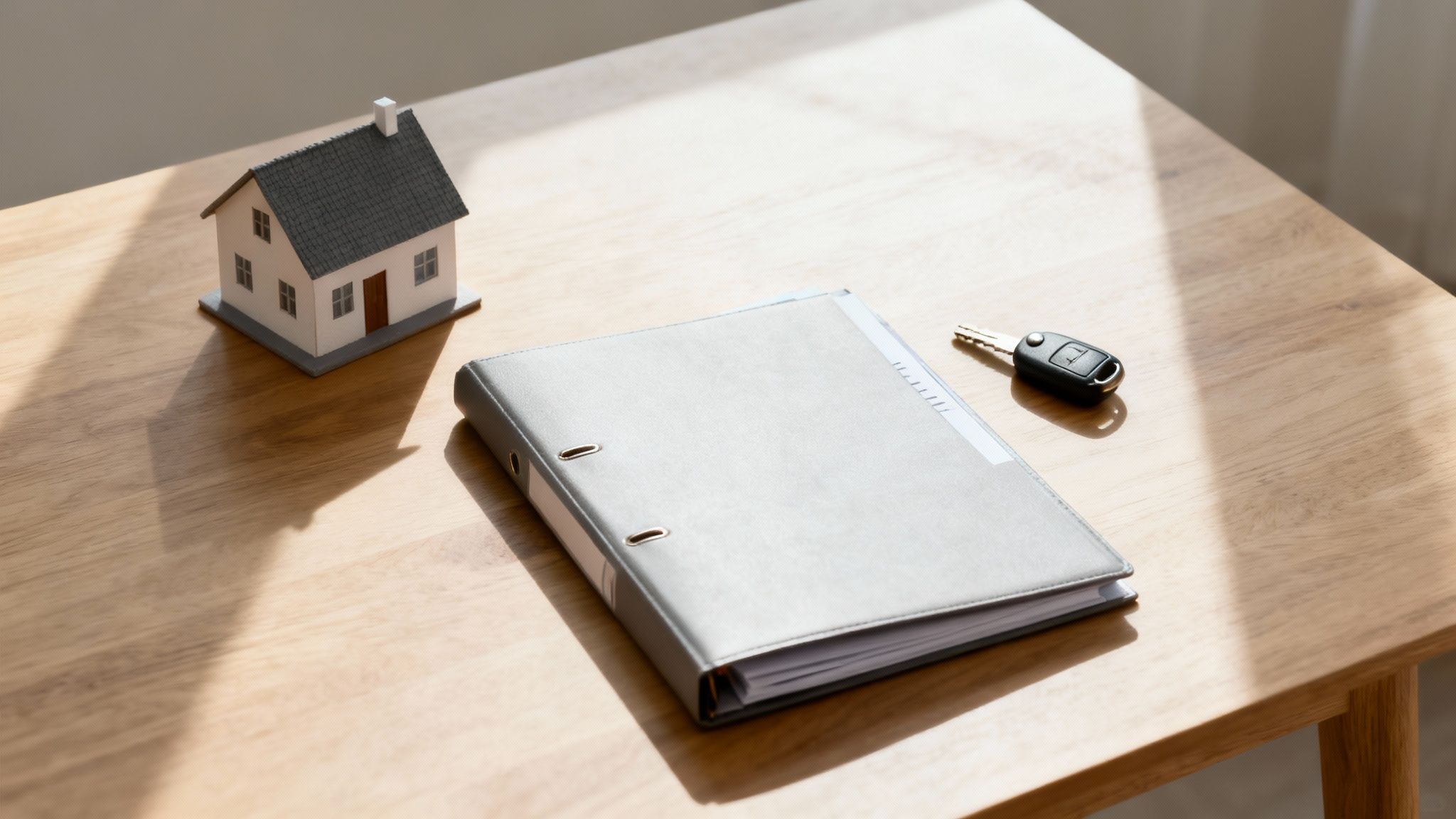 Una maqueta de casa, un archivador gris y una llave de coche sobre una mesa de madera con luz solar.