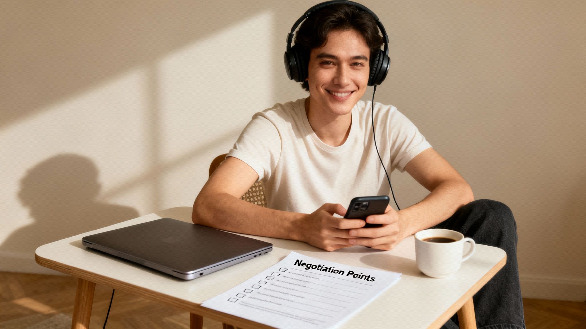 A smiling young man with headphones holds a phone at a desk with a laptop and "Negotiation Points" document.