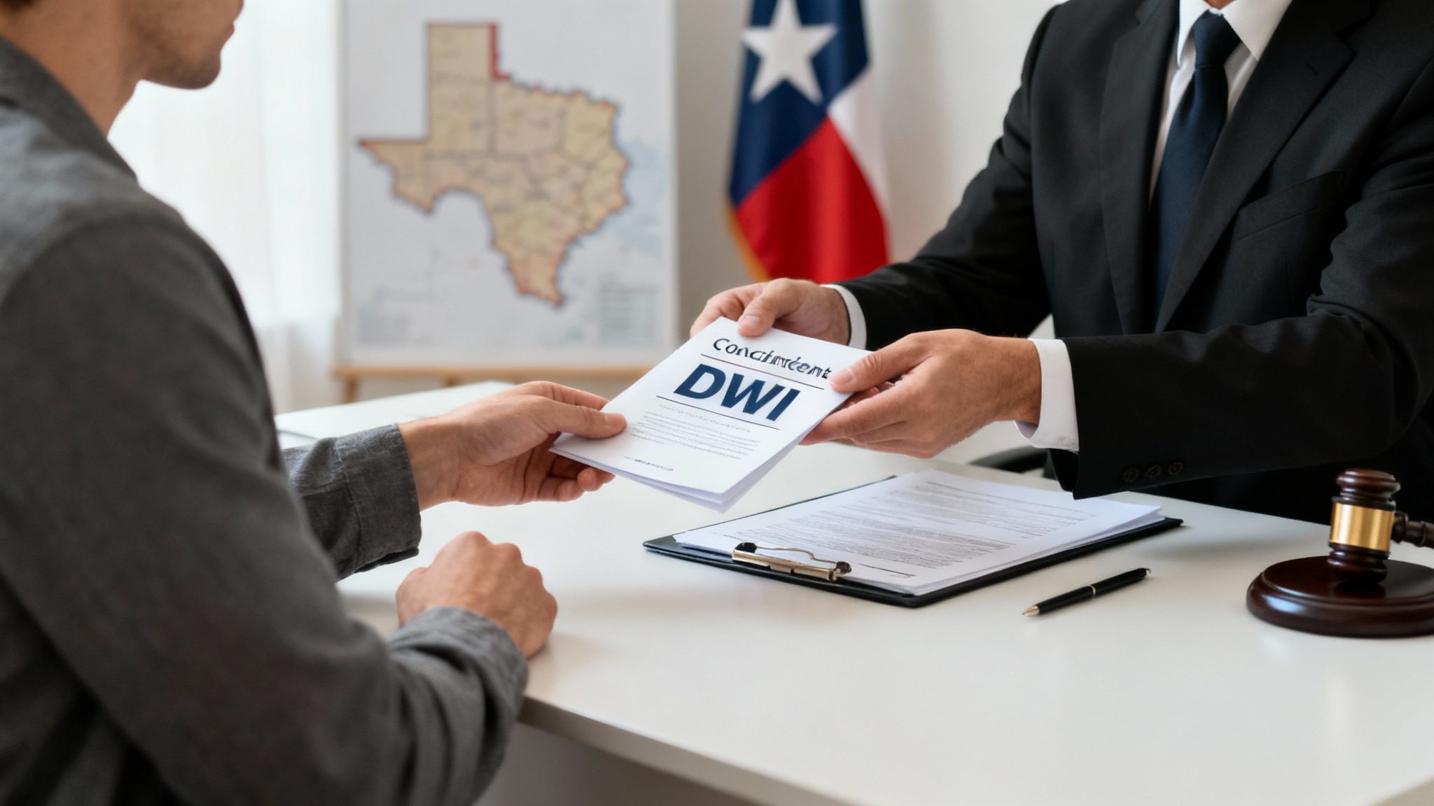 Person receiving DWI consultation document from attorney in office, Texas map and state flag visible, emphasizing legal support for DWI charges.