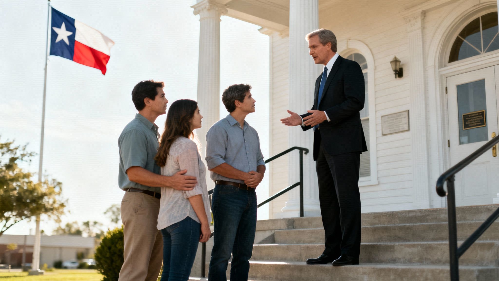 A compassionate lawyer discussing documents with a client in a bright office.