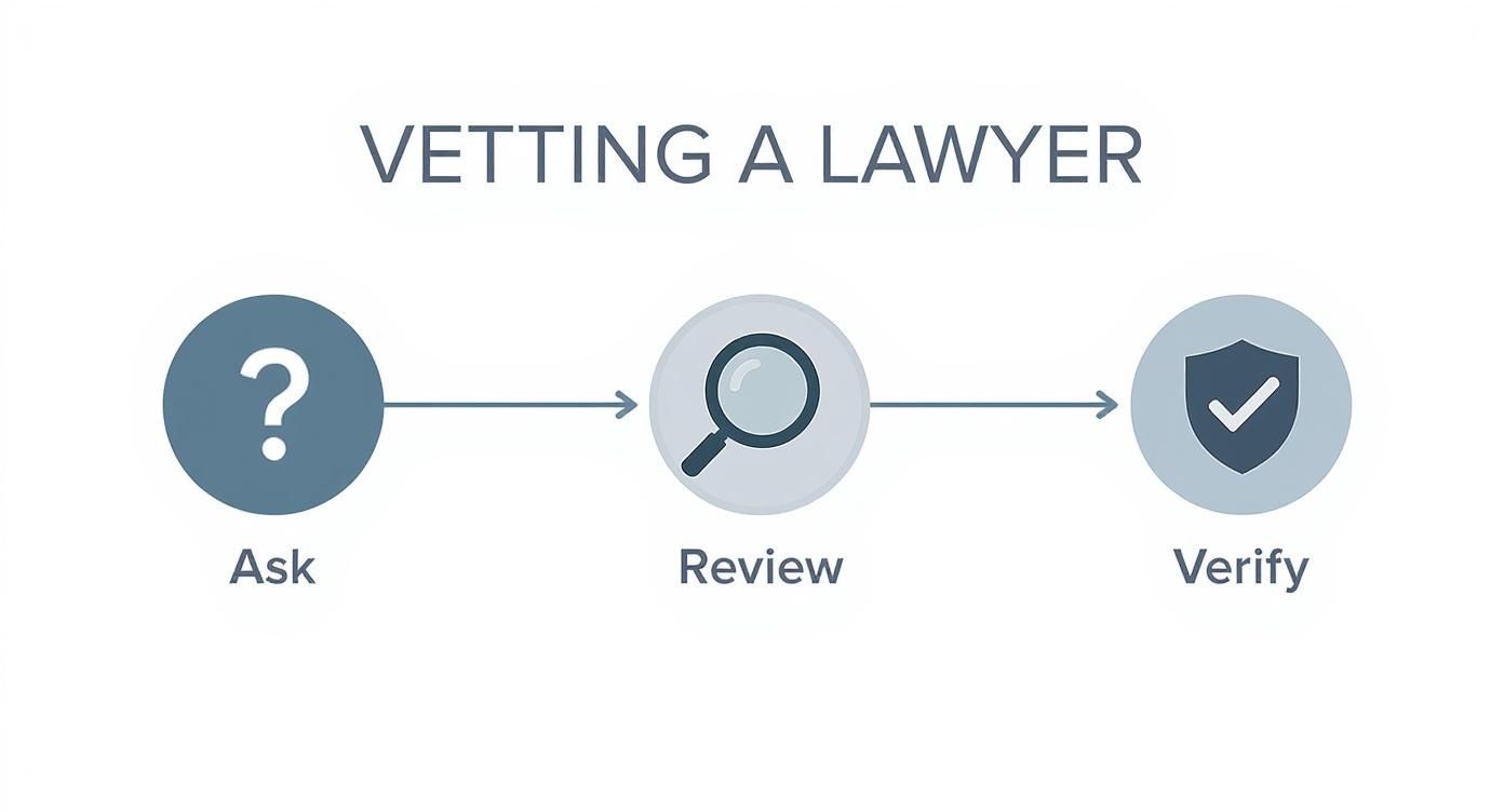 Vetting a lawyer process diagram illustrating steps: Ask, Review, Verify, relevant to finding a criminal defense attorney in Texas.