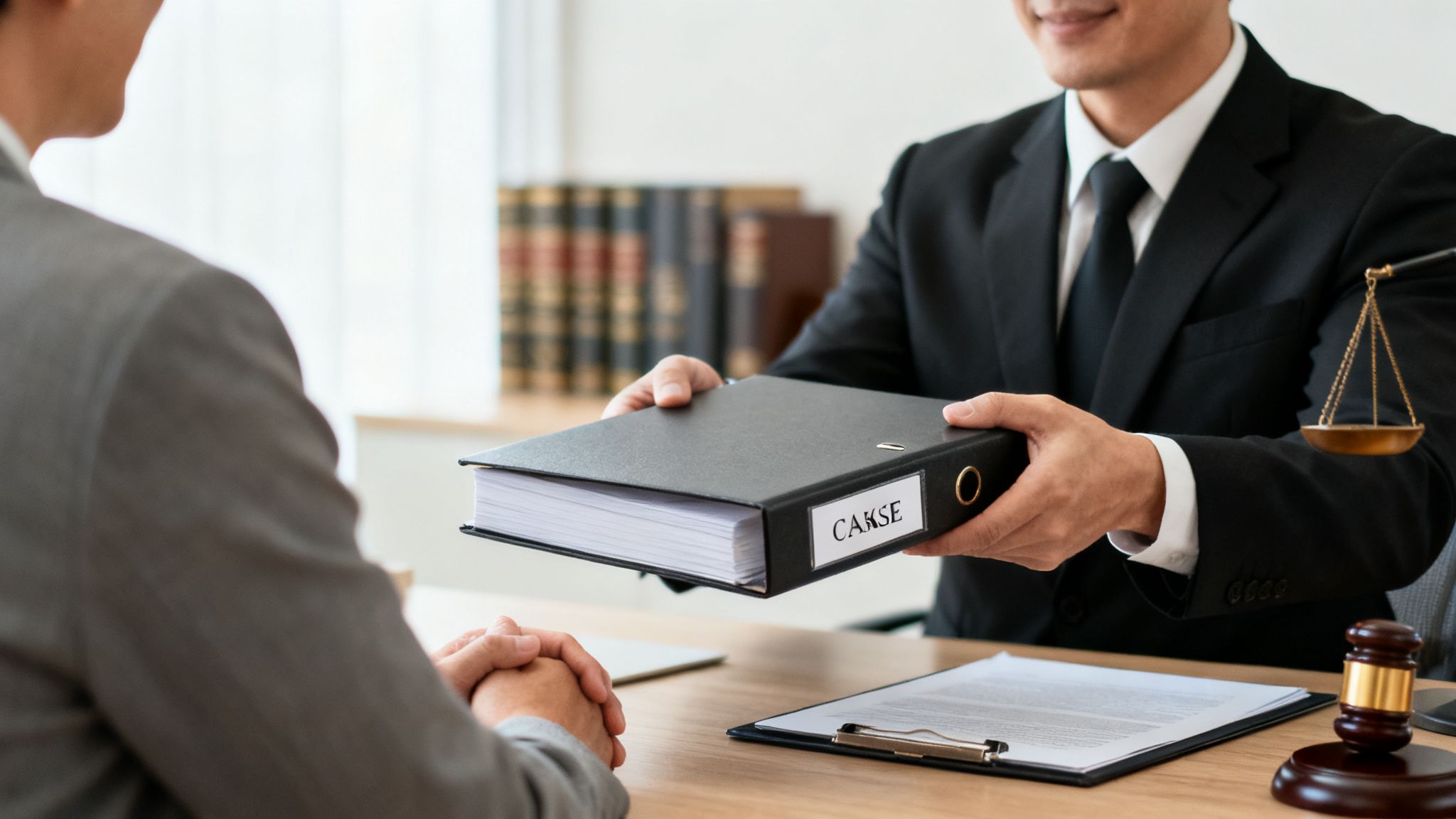 A lawyer in a suit hands a black binder labeled 'CASE' to a client during a legal meeting.