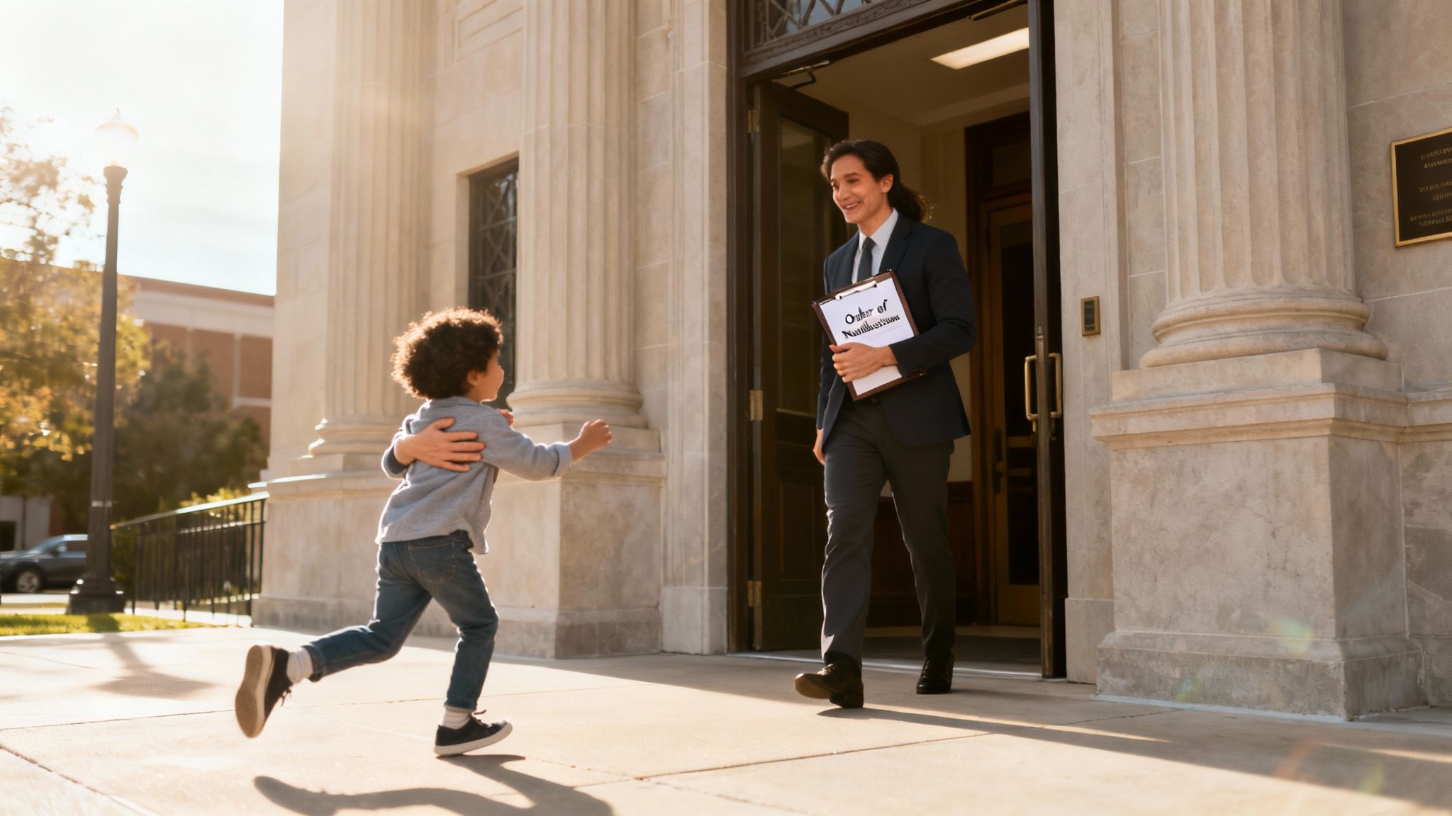 A man in a suit smiles at a young boy running towards him outside a grand building, holding a clipboard.