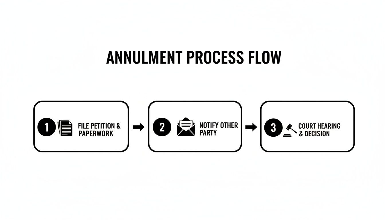 Annulment process flowchart illustrating three steps: filing petition and paperwork, notifying the other party, and court hearing and decision, relevant to annulment procedures in Texas.