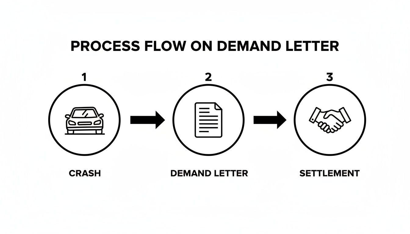 Process flow showing steps from a car crash to a demand letter and settlement.