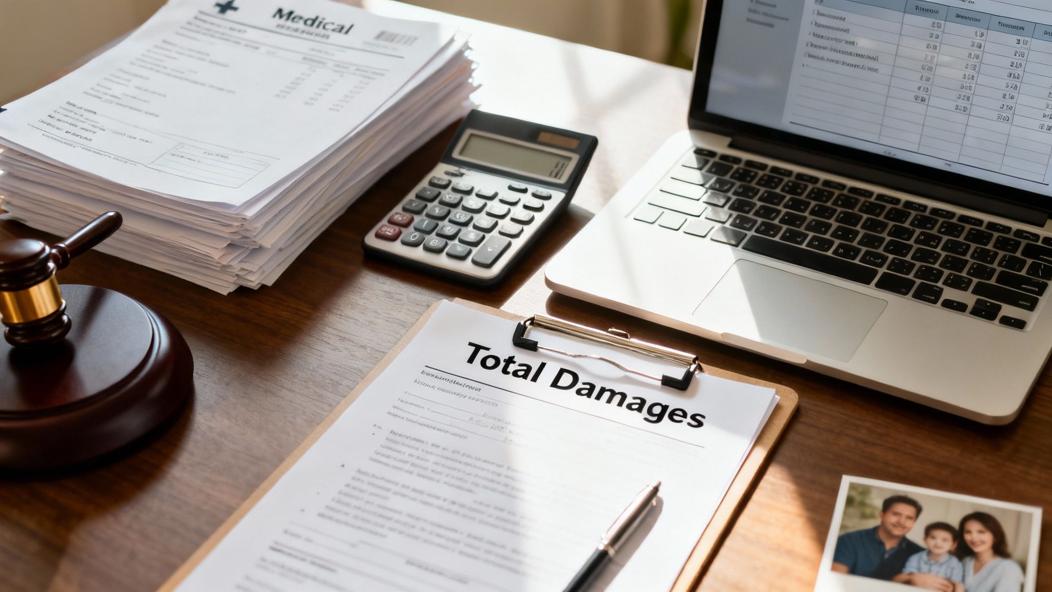 A desk with a gavel, medical documents, calculator, laptop, and 'Total Damages' form for a legal claim.