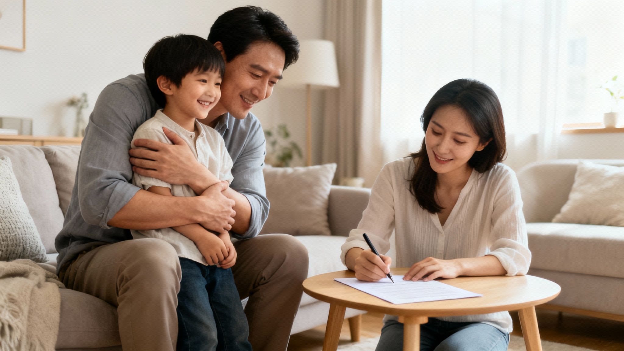 A happy Asian family in a living room, mother signing documents while father hugs son.