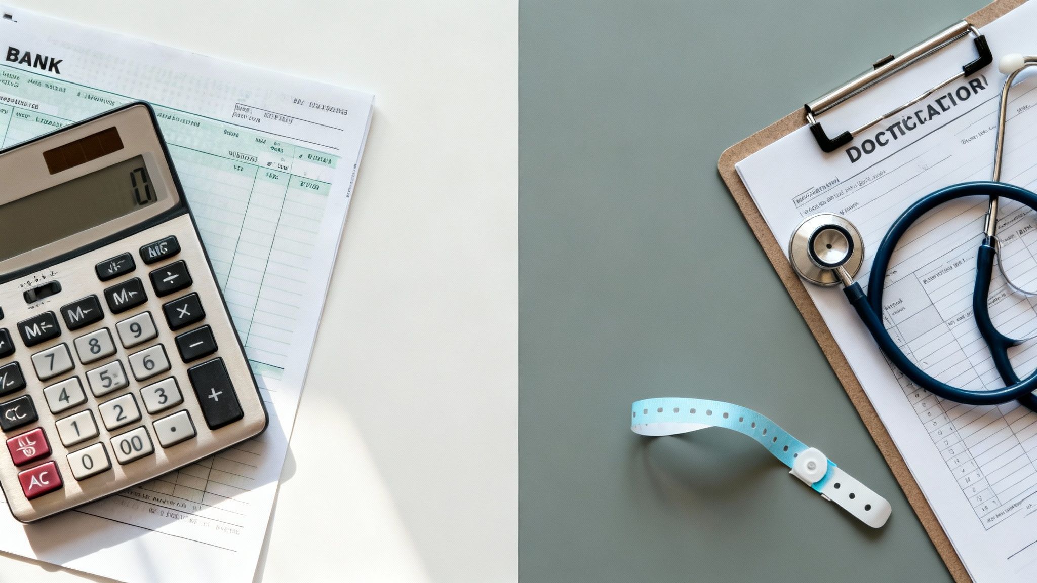 A split image showing a calculator on bank forms and medical supplies like a stethoscope and patient band.