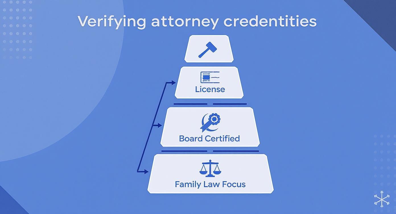 Infographic illustrating the process of verifying attorney credentials, featuring a pyramid structure with icons representing license, board certification, and family law focus, aligned with guidance for selecting a divorce attorney.