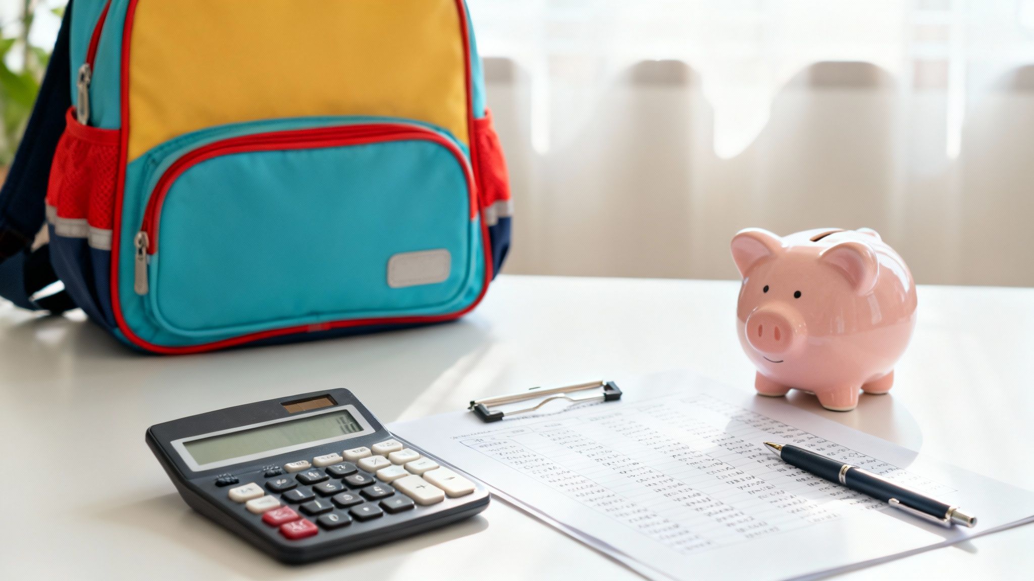 Colorful backpack, calculator, piggy bank, and financial document on a table, symbolizing budgeting for joint custody expenses in Texas.