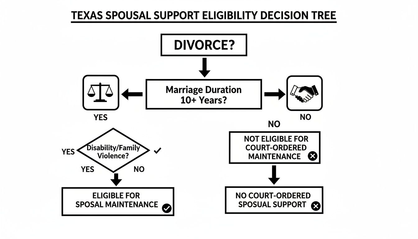 A decision tree flowchart outlining Texas spousal support eligibility based on marriage duration and specific circumstances.