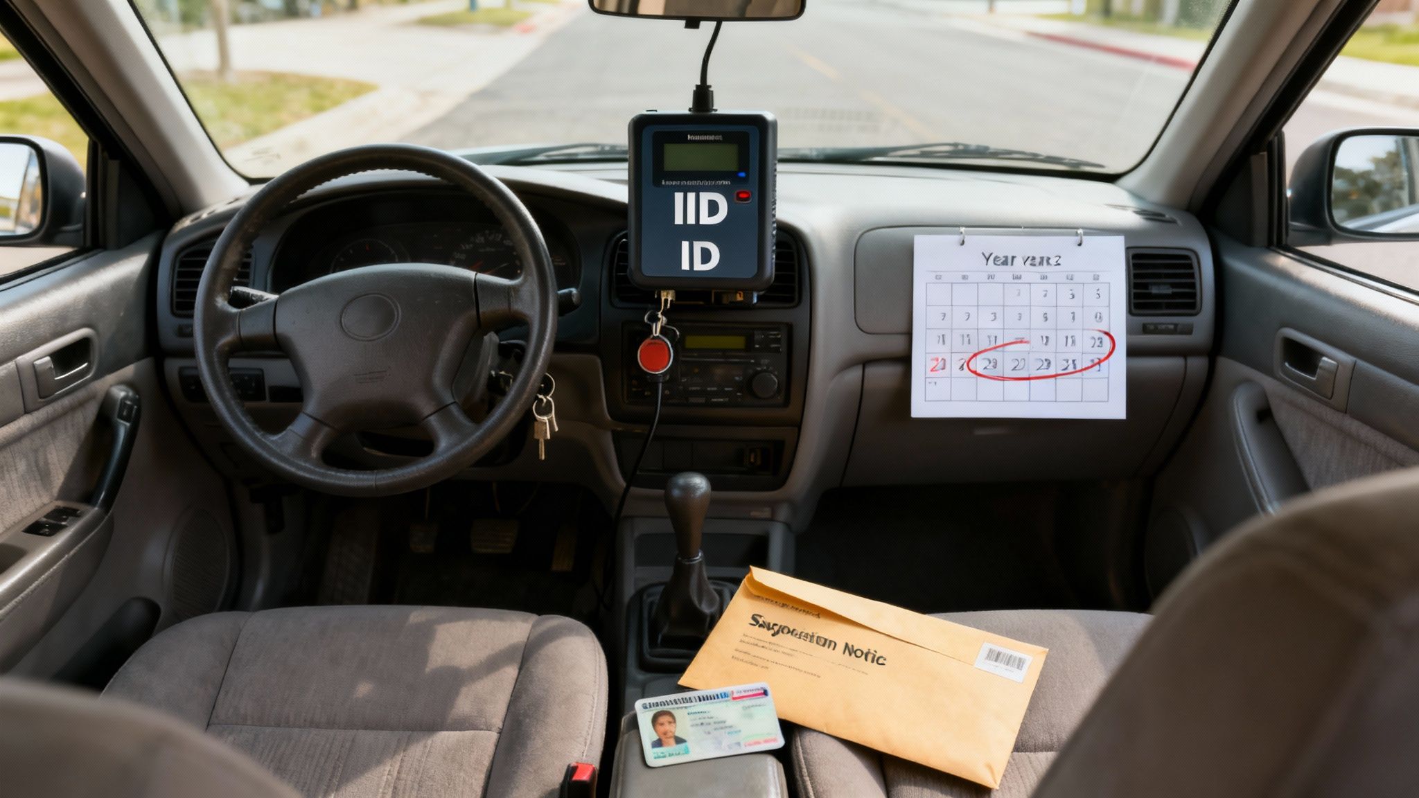 Car interior with an ignition interlock device, a calendar with circled dates, a driver's license, and a summon notice, all related to DWI.