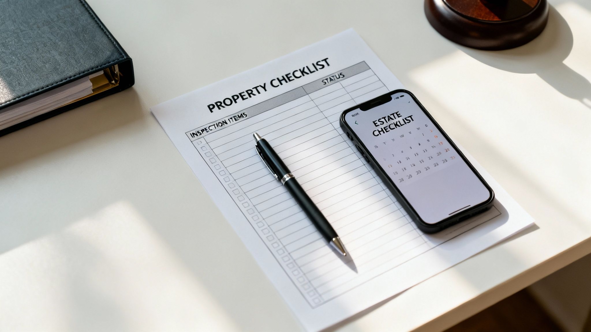 A desk with a 'Property Checklist' document, a pen, a phone showing an 'Estate Checklist' calendar, and a binder.
