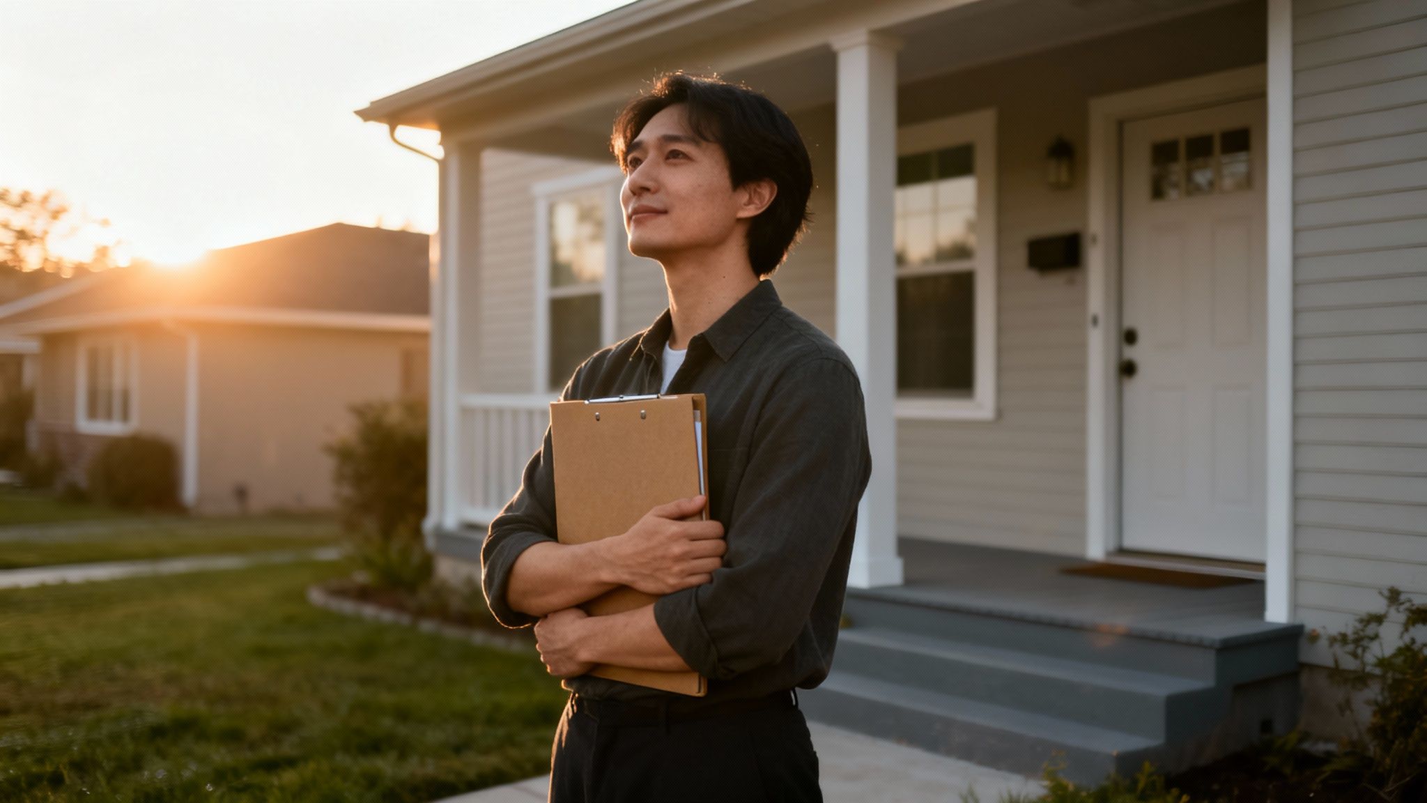 Man holding a clipboard standing in front of a house during sunset, reflecting on life after facing burglary charges in Texas.