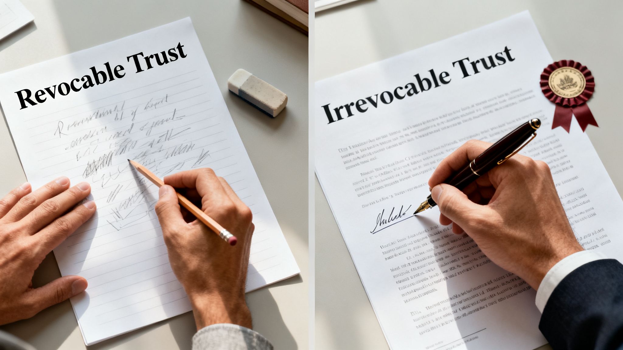 Two hands illustrating trust types: one using a pencil for 'Revocable Trust,' another a fountain pen for 'Irrevocable Trust.'