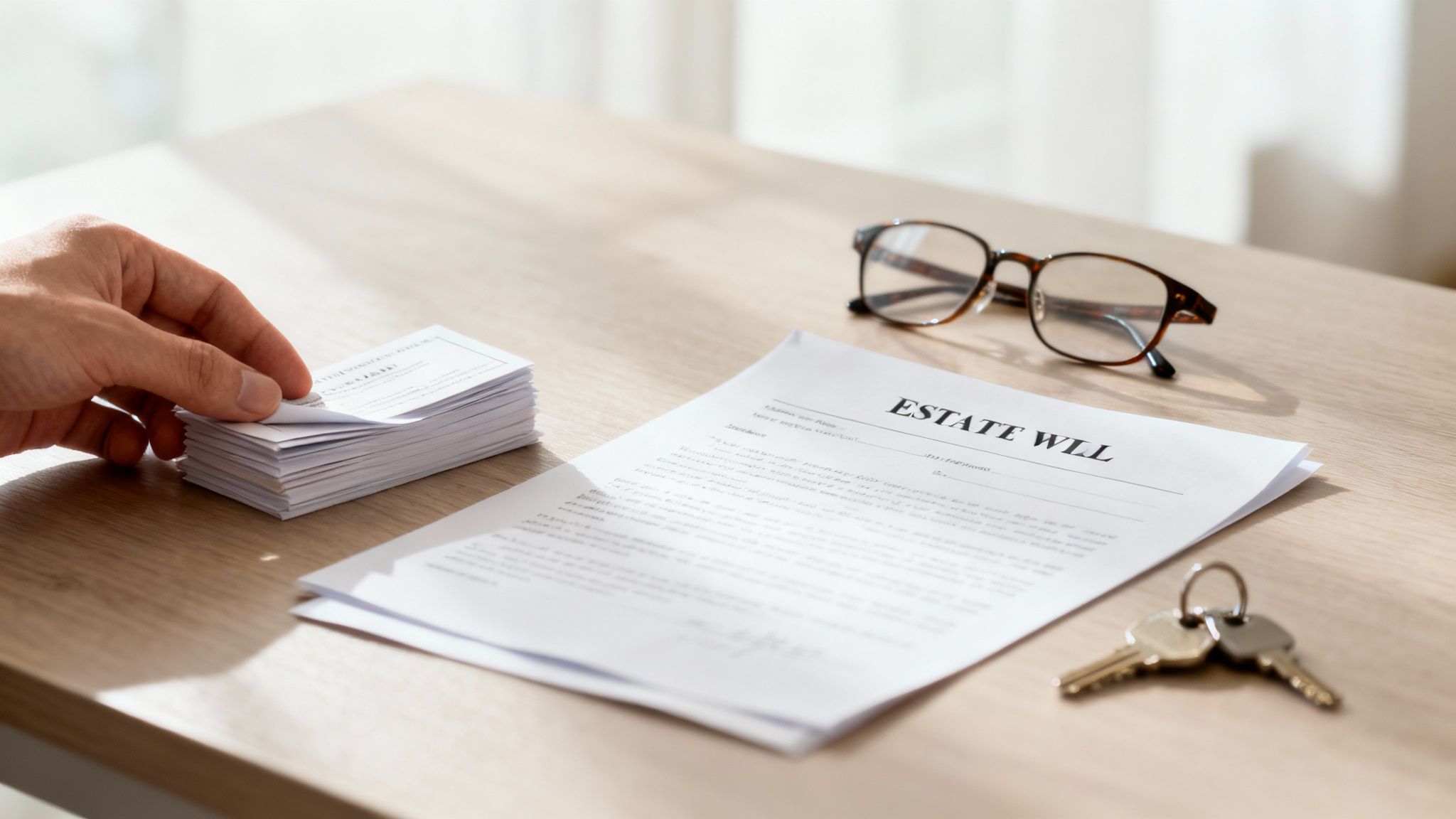 A hand reaching for a pile of papers on a wooden table, next to an estate will document, reading glasses, and house keys.
