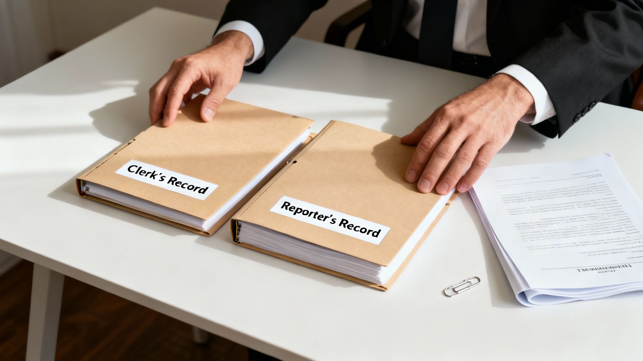 A person's hands on a desk with 'Clerk's Record' and 'Reporter's Record' binders, suggesting legal work.