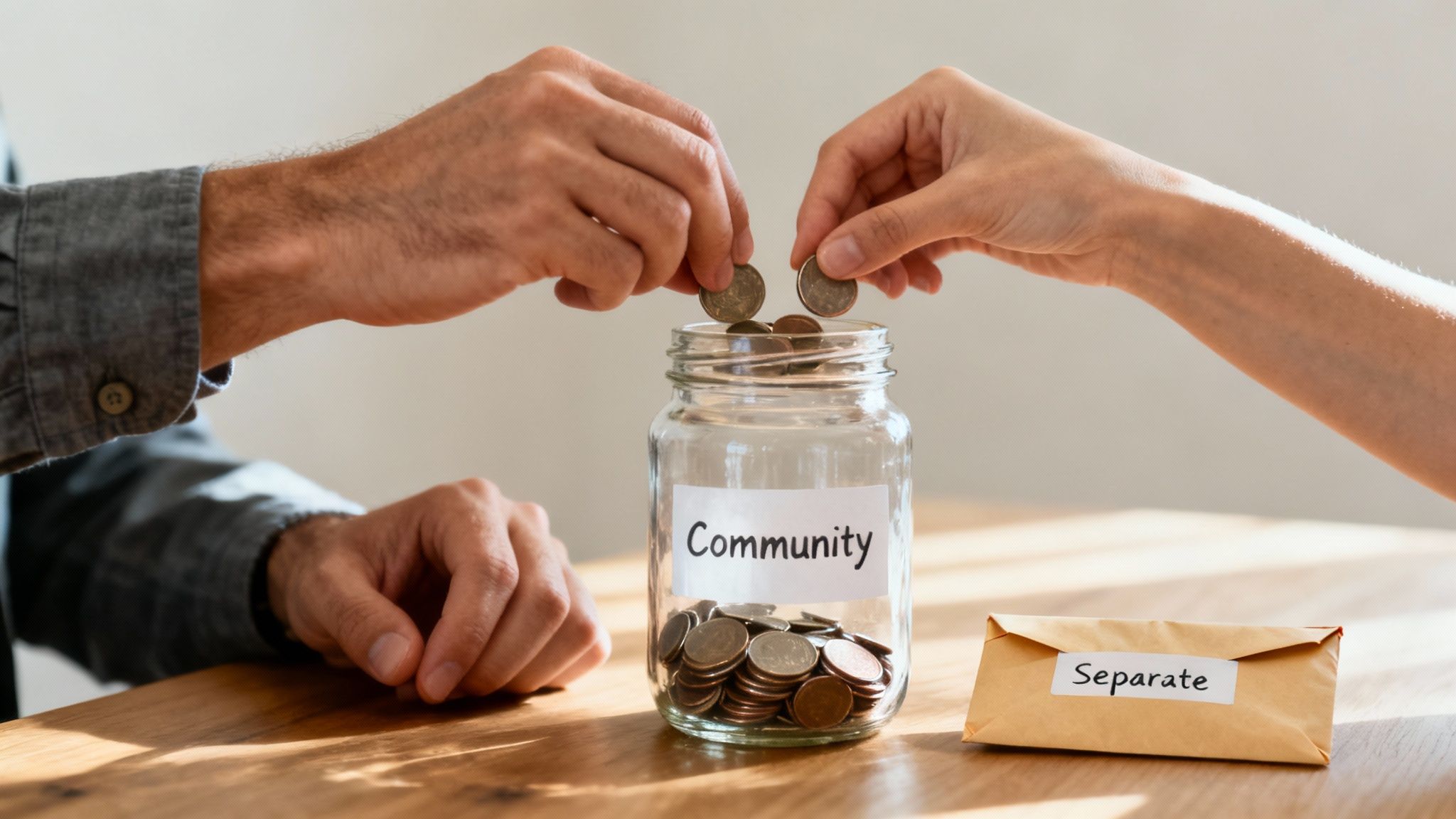 Couple discussing financial documents and property division during a divorce.