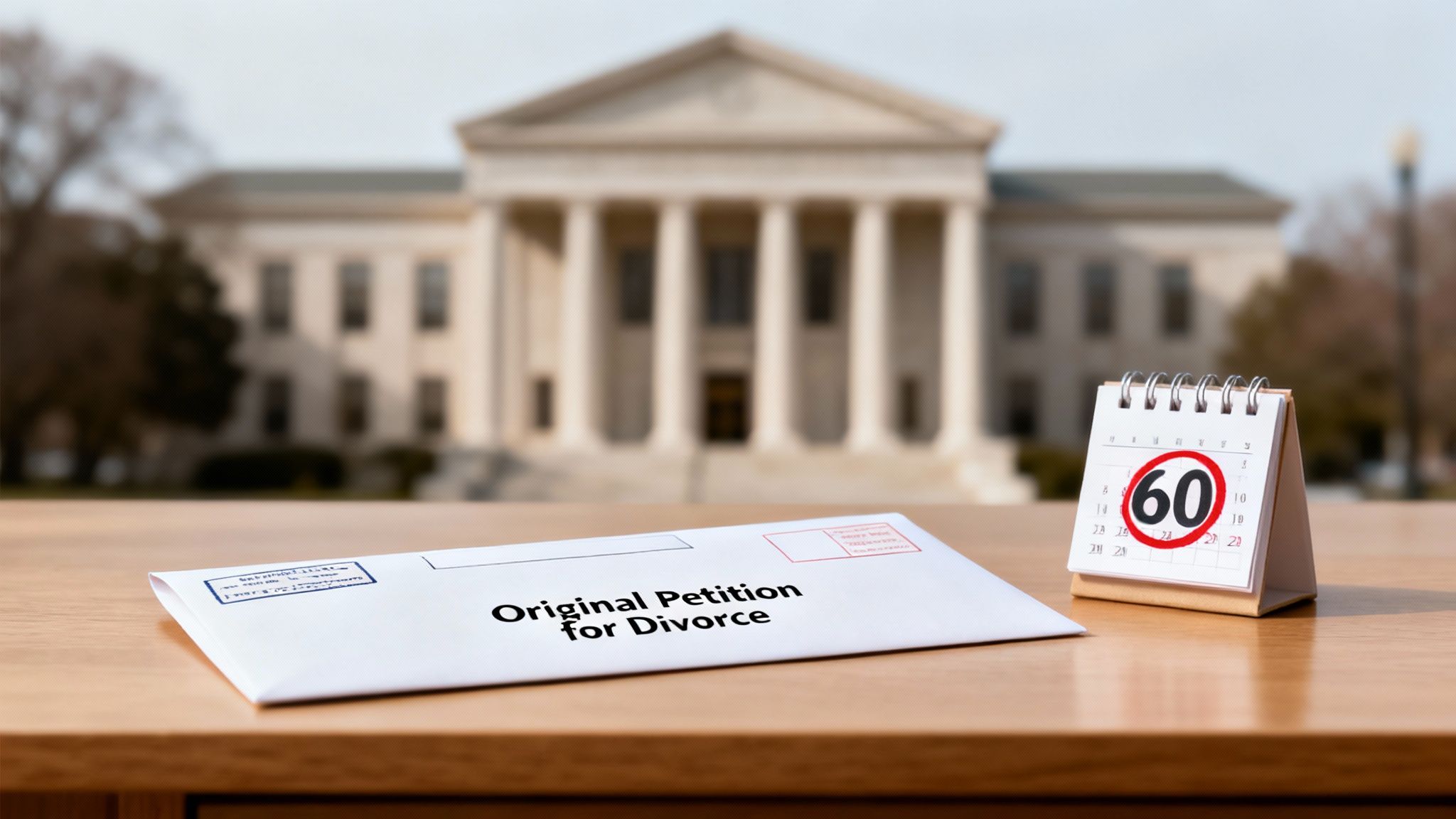 An envelope marked 'Original Petition for Divorce' next to a calendar showing '60' days, with a courthouse in the background.