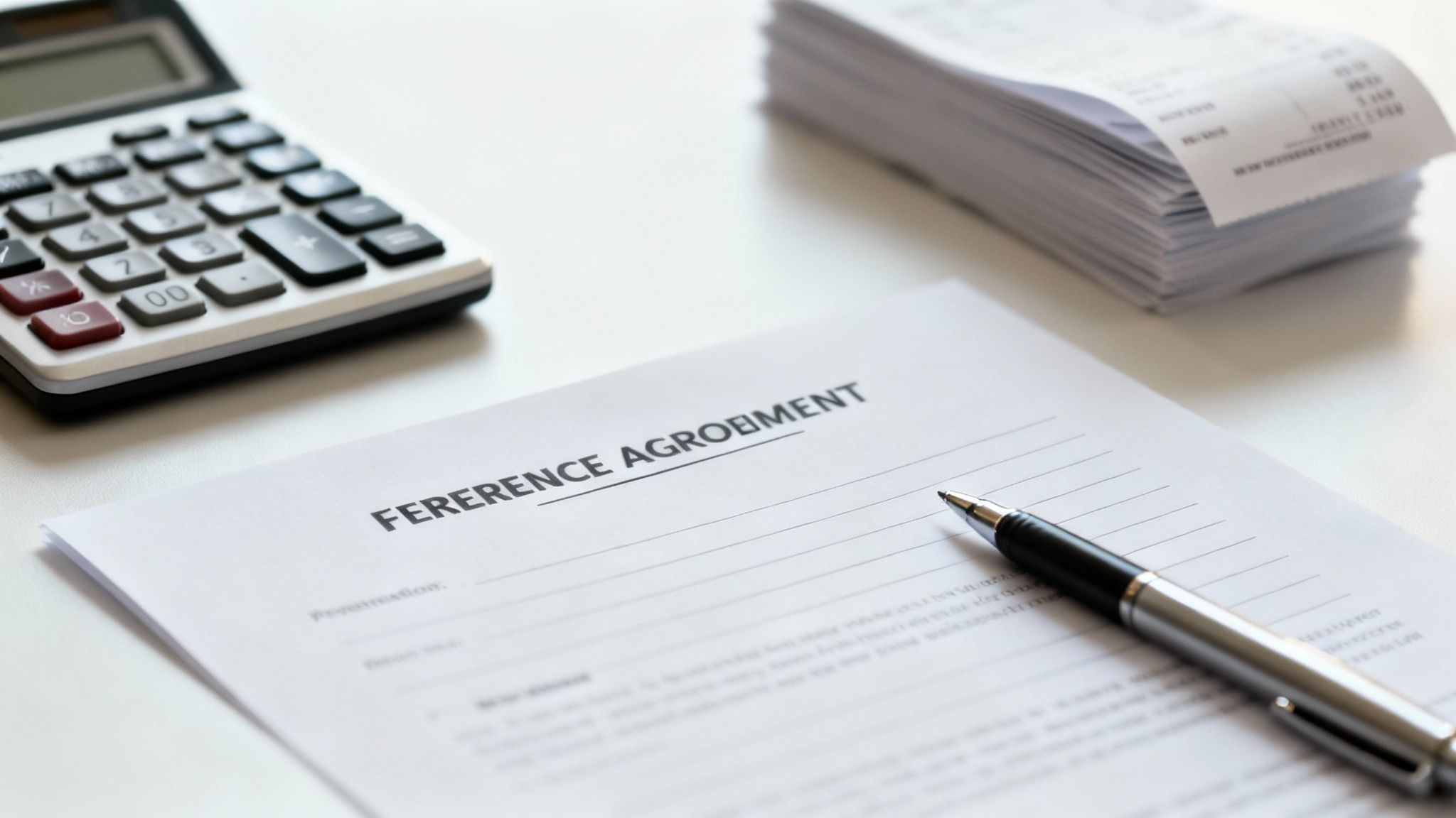 A calculator, a stack of receipts, a pen, and a document titled 'FEE AGREEMENT'.