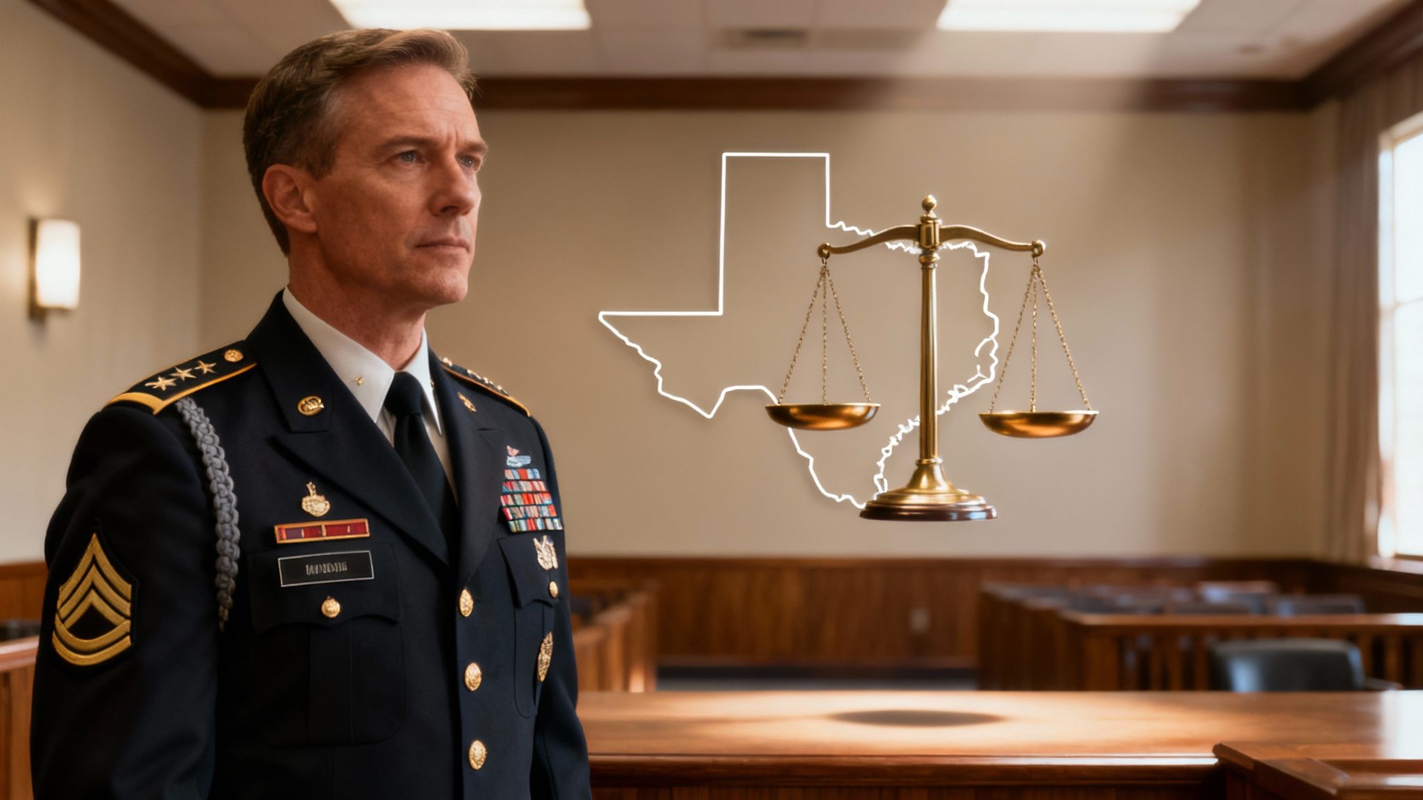 Military officer in uniform standing in a courtroom with Texas outline and scales of justice, symbolizing military divorce law in Texas.