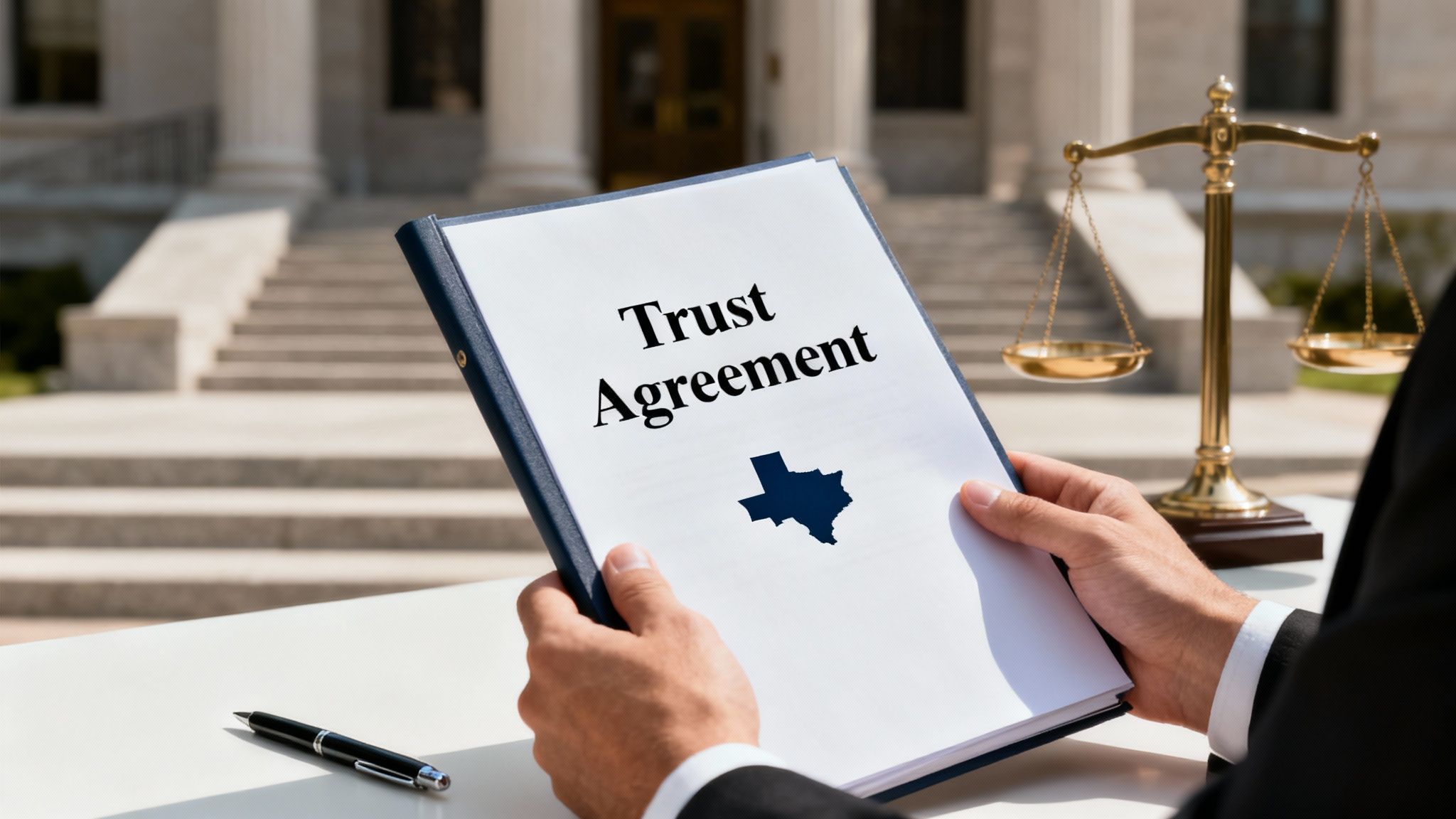 Trust agreement document held in front of courthouse steps, featuring Texas outline and legal scales in background, symbolizing Texas trust law and administration.