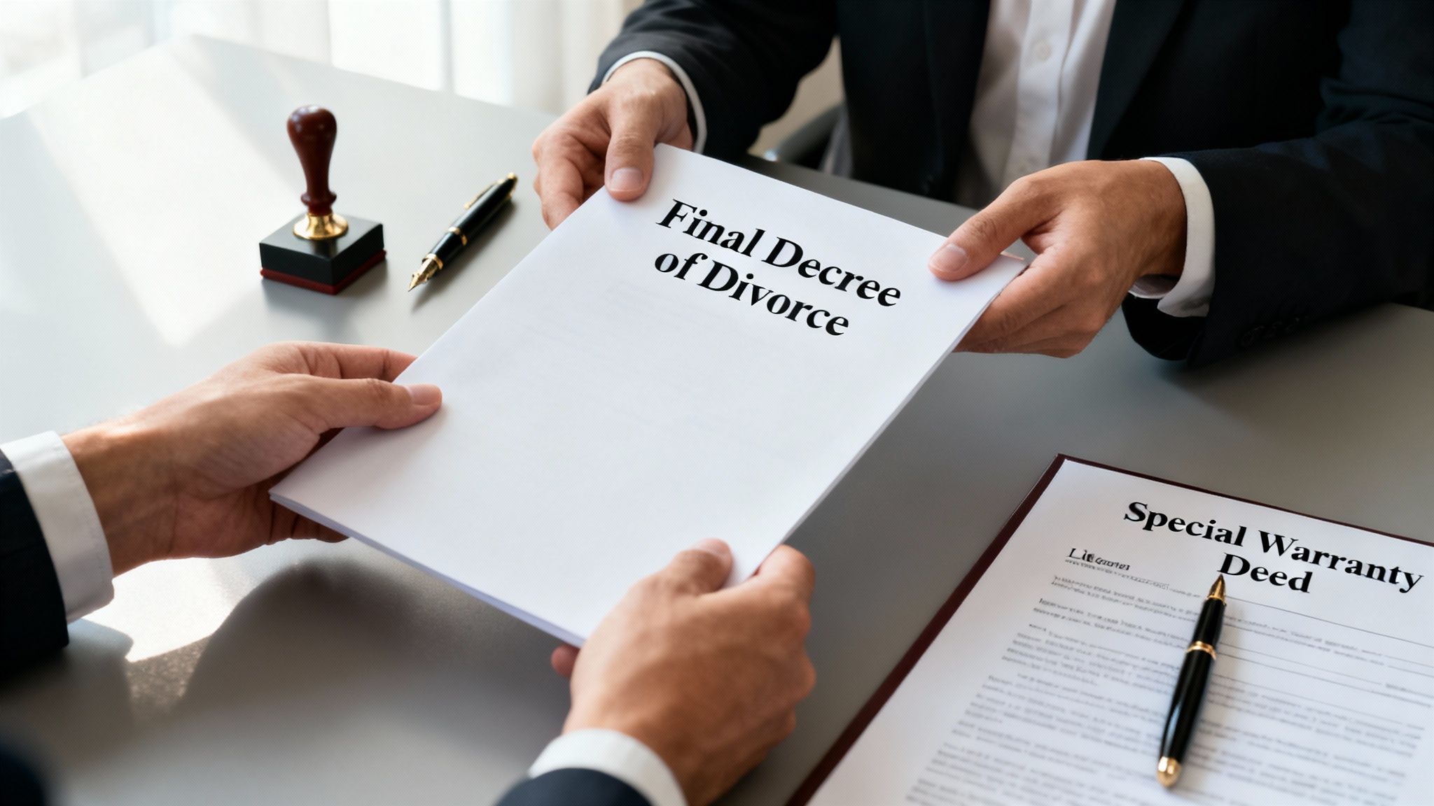 A lawyer hands a client a document titled "Final Decree of Divorce" on a desk with other legal papers.
