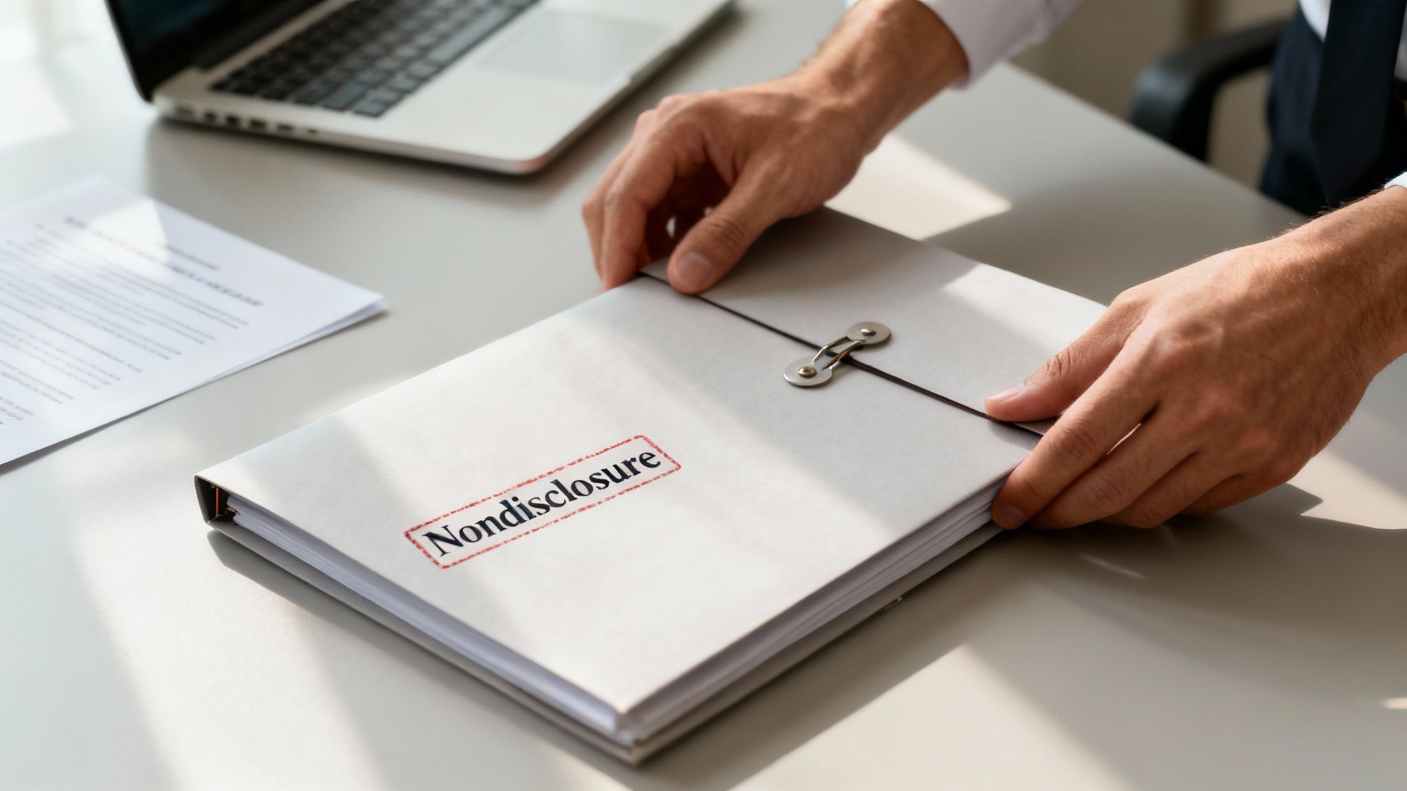 Close-up of hands placing a folder labeled 'Nondisclosure' on a desk with a laptop.