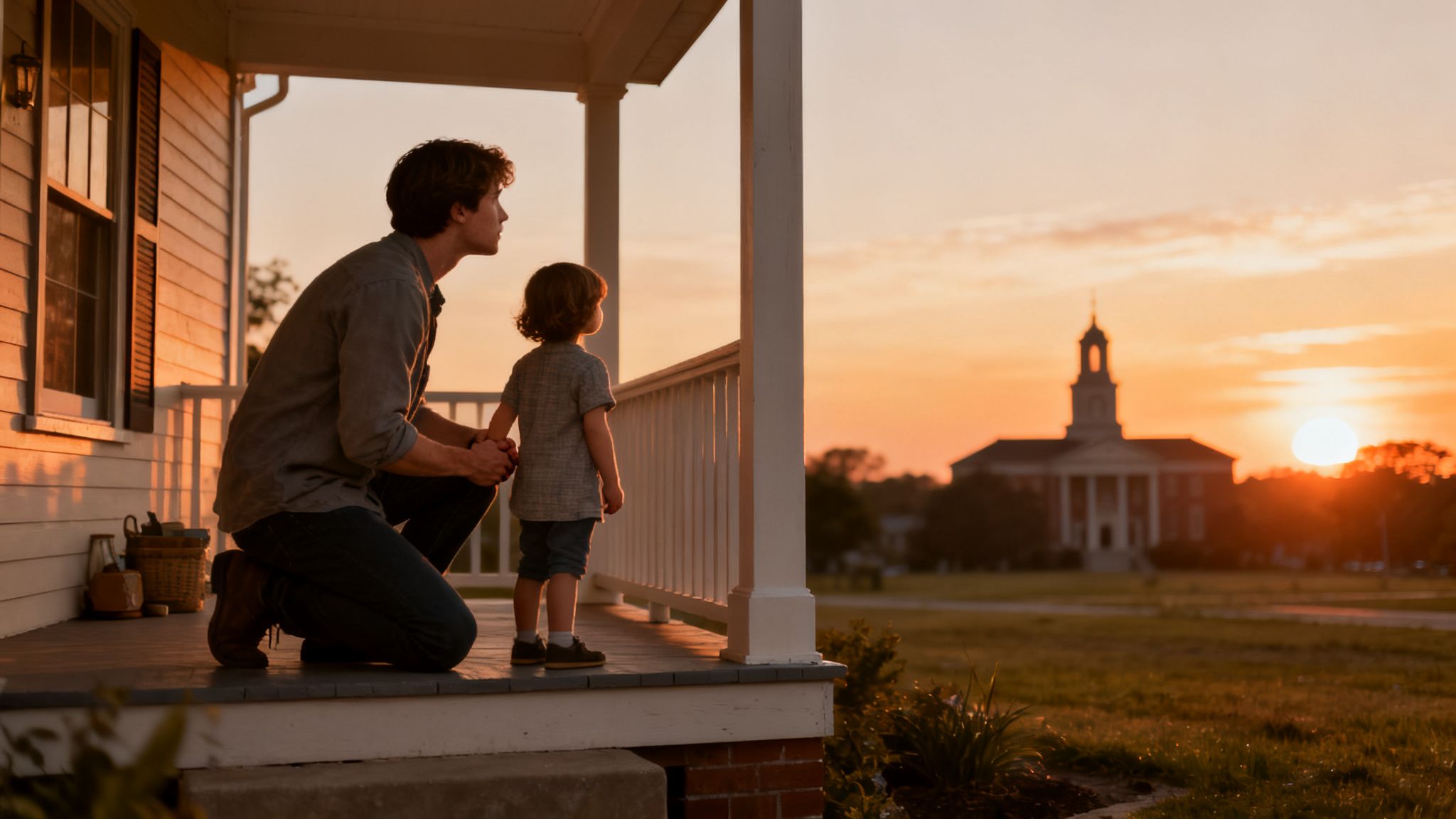 Father and son on a porch watching a beautiful sunset over a large building.