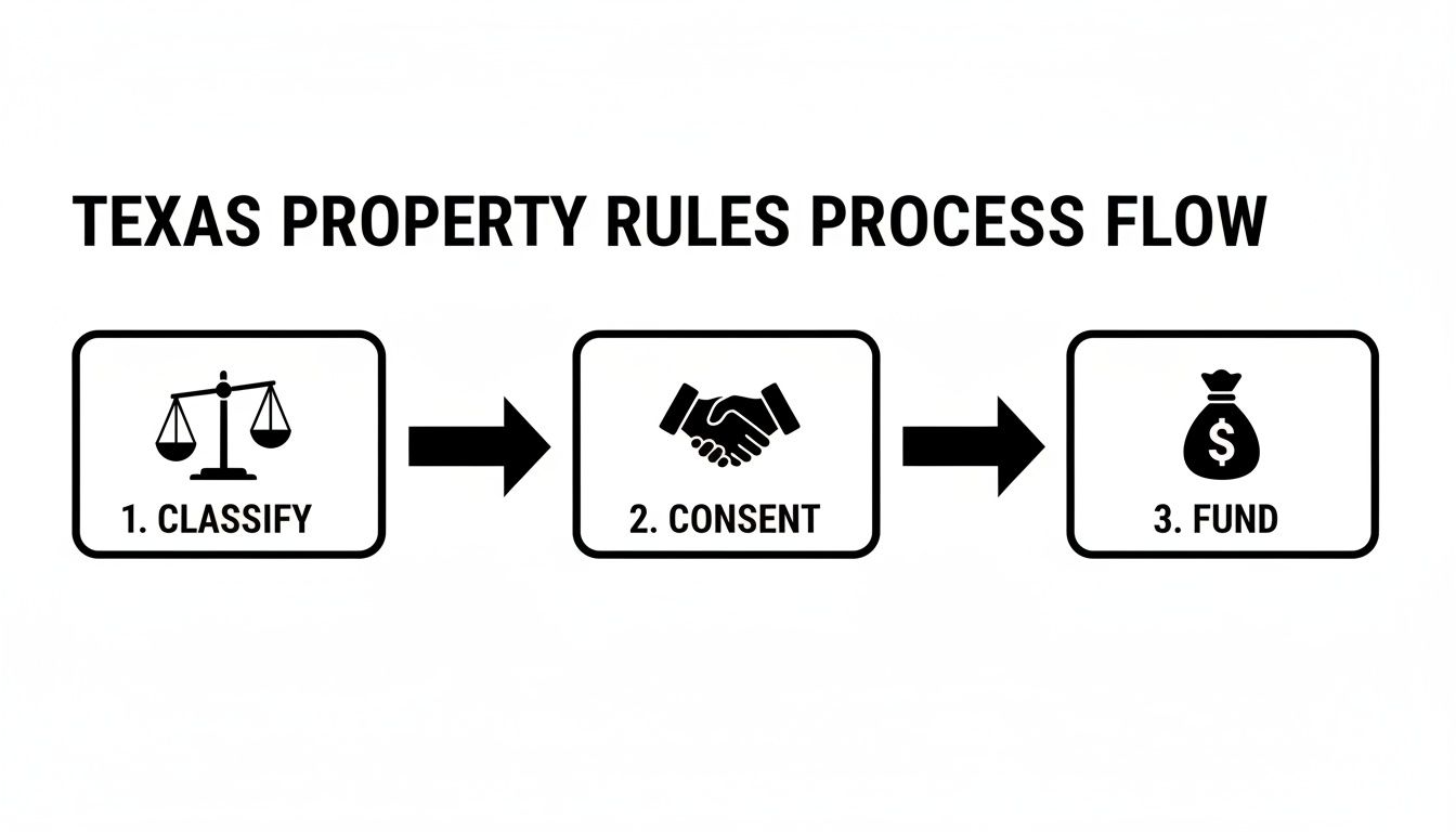 Diagram illustrating the Texas Property Rules process flow with three steps: Classify, Consent, and Fund.
