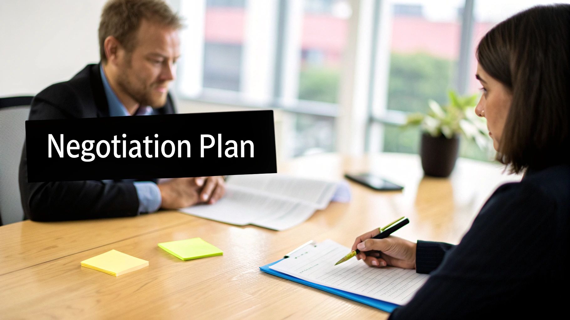 Two professionals review a 'Negotiation Plan' during a business meeting, with one writing notes.