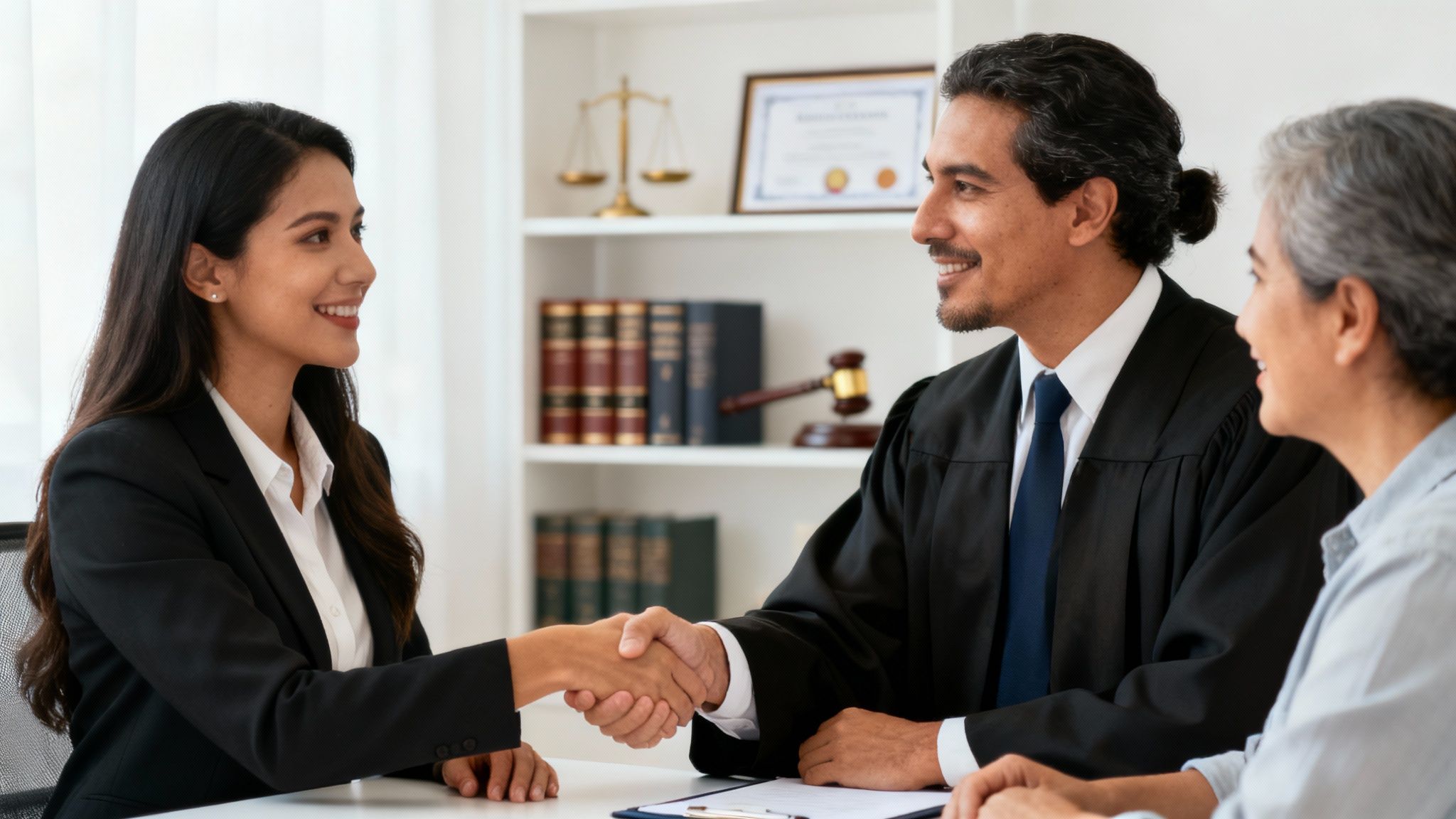 Un cliente dándole la mano a un abogado en señal de confianza y acuerdo.