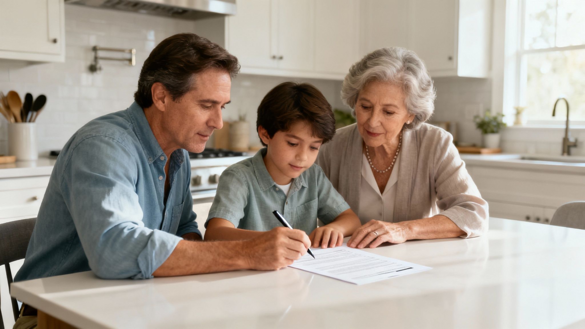 Family discussing and signing trust documents in a kitchen, emphasizing estate planning and legacy management.