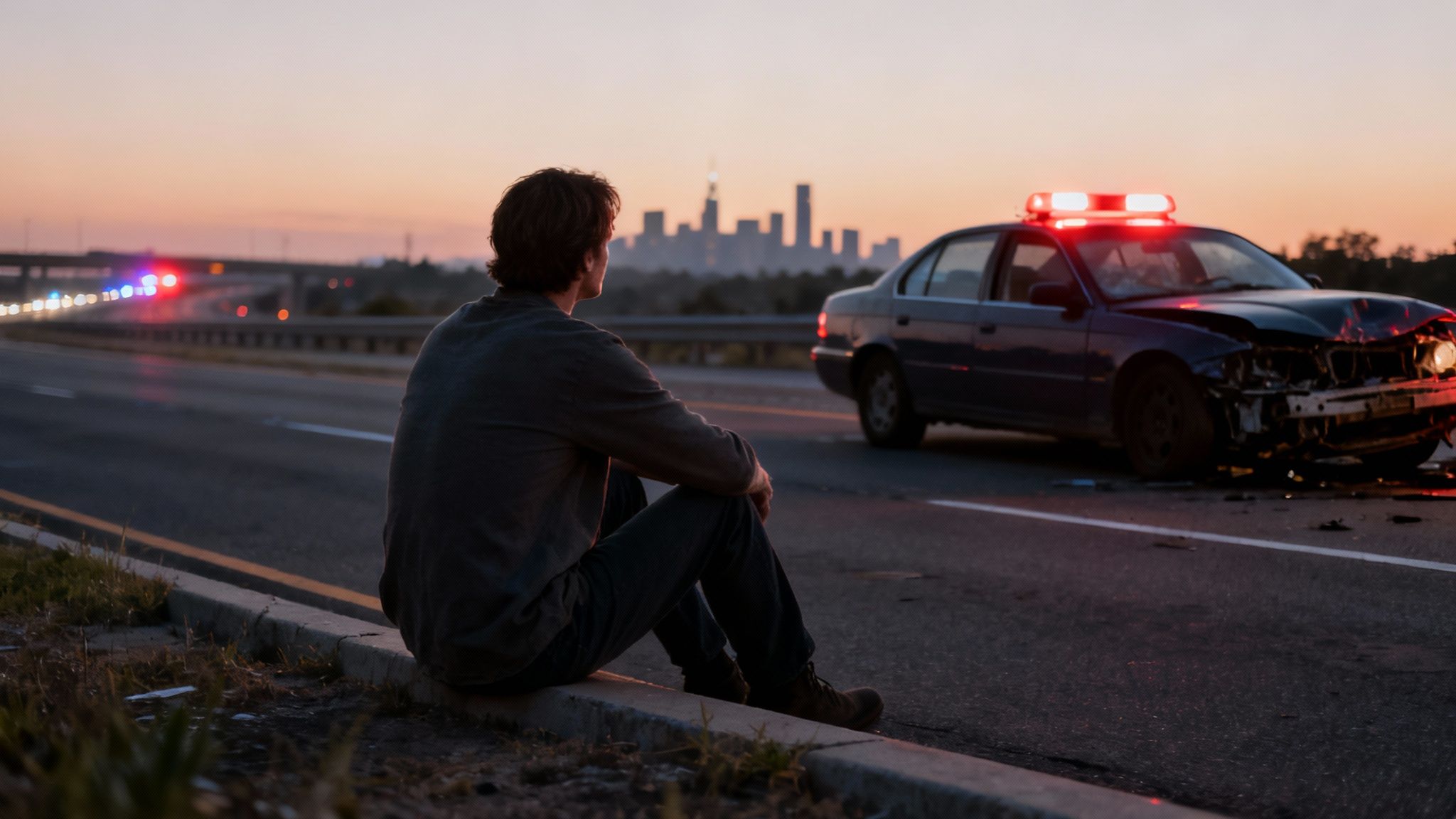 A man sits on a highway shoulder, looking at a crashed car with flashing police lights at sunset, city in background.