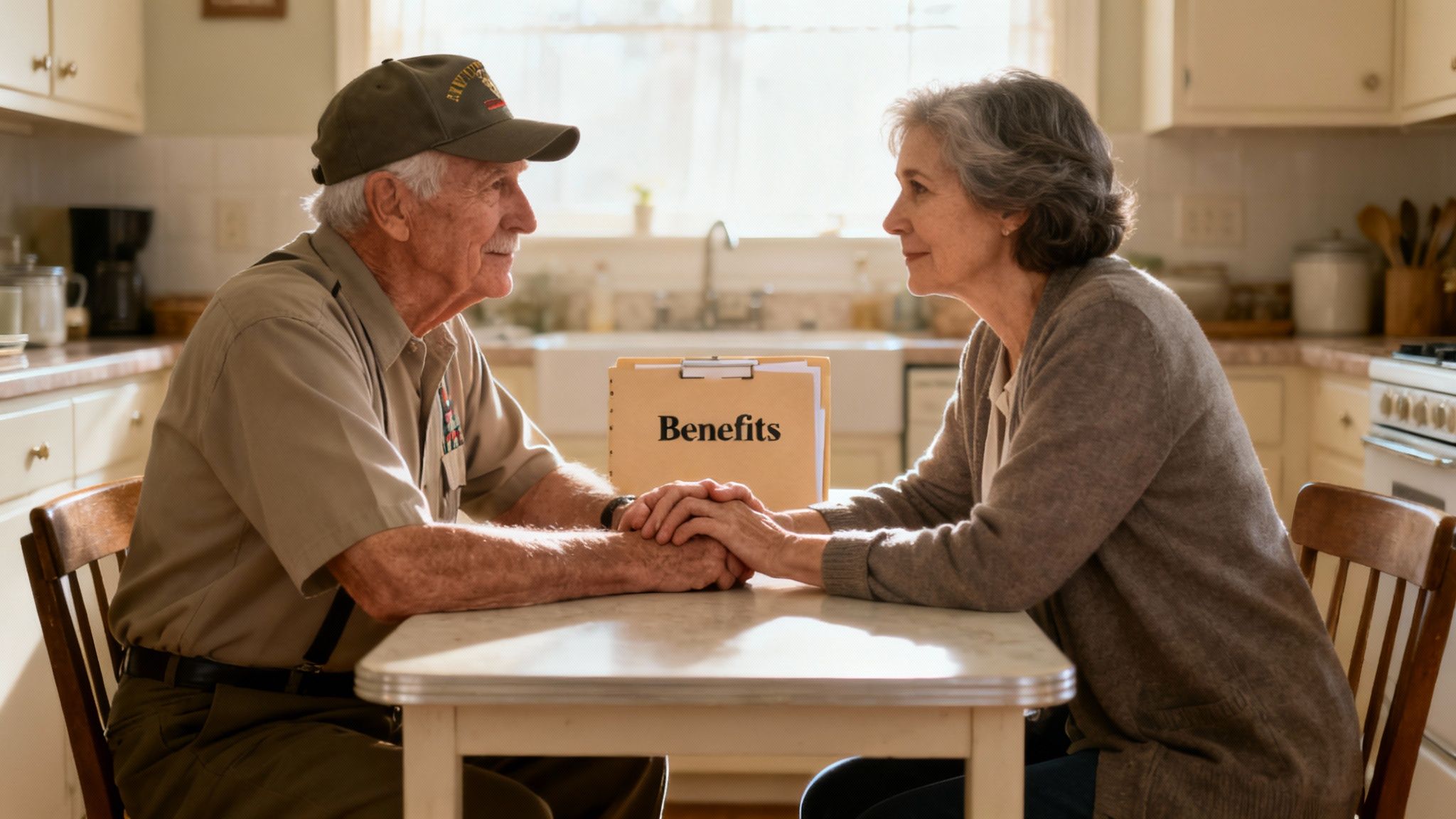 An elderly veteran and his wife hold hands across a table with a 'Benefits' folder in a kitchen.