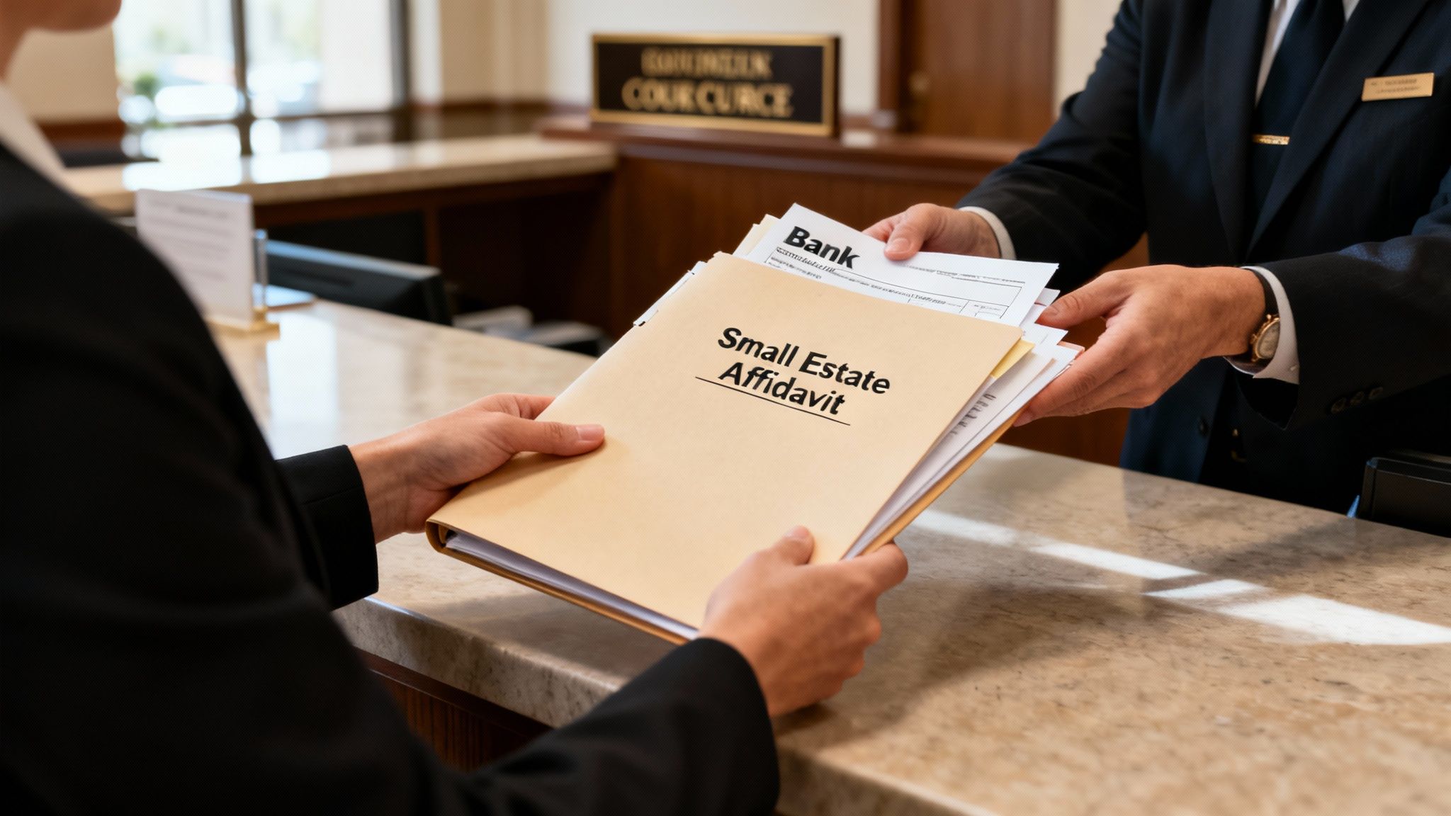 Hands exchanging a 'Small Estate Affidavit' folder and bank documents at a counter.